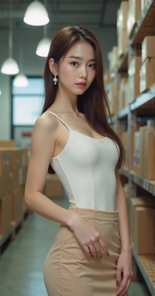 (Original Photography, best quality), (Reality:1.3), (Photo quality:1.2), (Ultra-high resolution:1.0), 8k, RAW photos,Mature movie actress, lace jumpsuit,In the storage room,shy picture