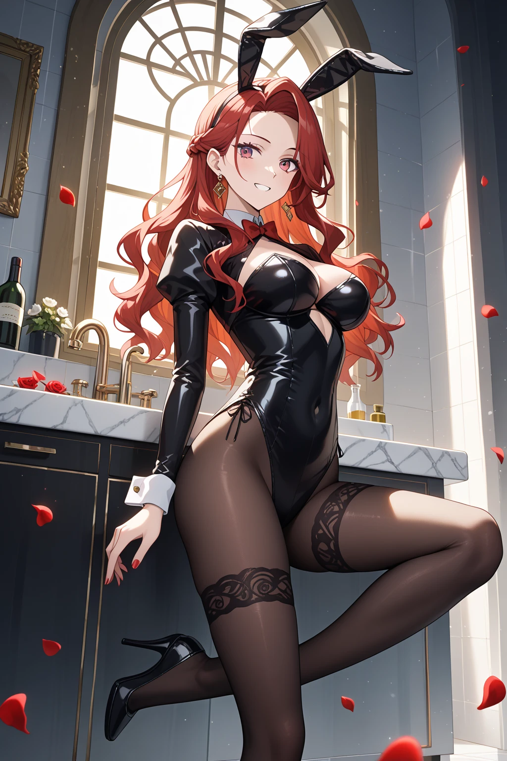 masterpiece, best quality, highres, nishikino maki, purple eyes,red hair, in bar, strapless leotard, fishnet bodysuit, elbow band, neck collar,collar chain arms behind, sitting,on knees,looking at viewer, sexy,(lips:0.6), llchar,(solo),big breasts,ahg, rolling eyes, open mouth, sweating