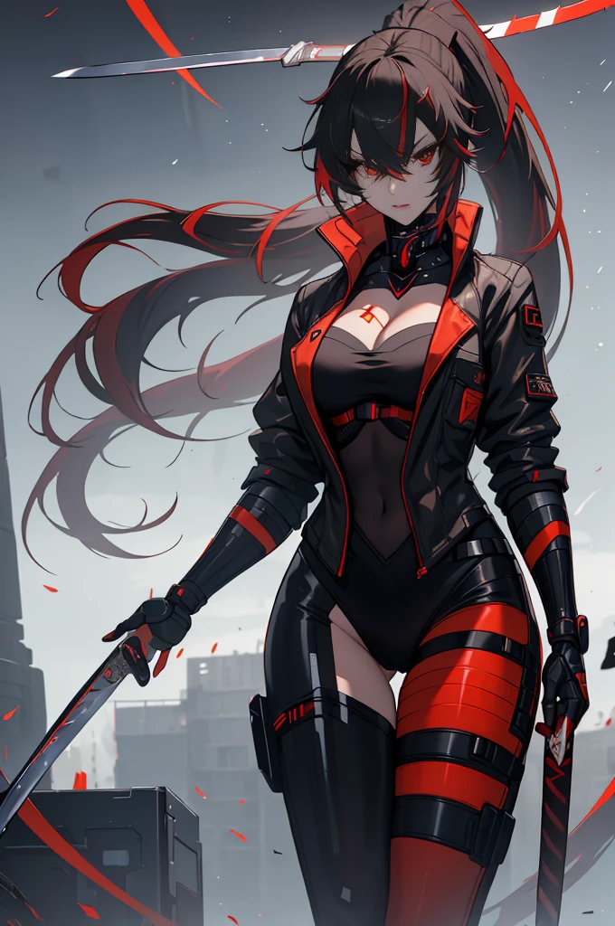 ((best quality:1.3), (high detail:1.2), masterpiece, anime)) (solo) ((black hair:1.8), (hair with red and white highlights:1.7), (very long hair)), ((heterochromia_eyes_red_and_grey:1.4)), thick thighs, huge breasts, muscular, athletic, ((cyborg body:1.3), (Cyborg arms:1.4), (Cyborg legs:1.4)), ((highcut leotard:1.8), one-piece, (red_black_outift:1.3,) cleavage), (Jacket:1.6), (headgear, horn-like devices:1.1), toned body, 1 woman, (age 26), ((holding sword:1.6, katana, glowing)), beautiful, sexy, first rate body, (Lucia_Crimson_Weave:1.45), Lucia, Samurai, cybernetic,