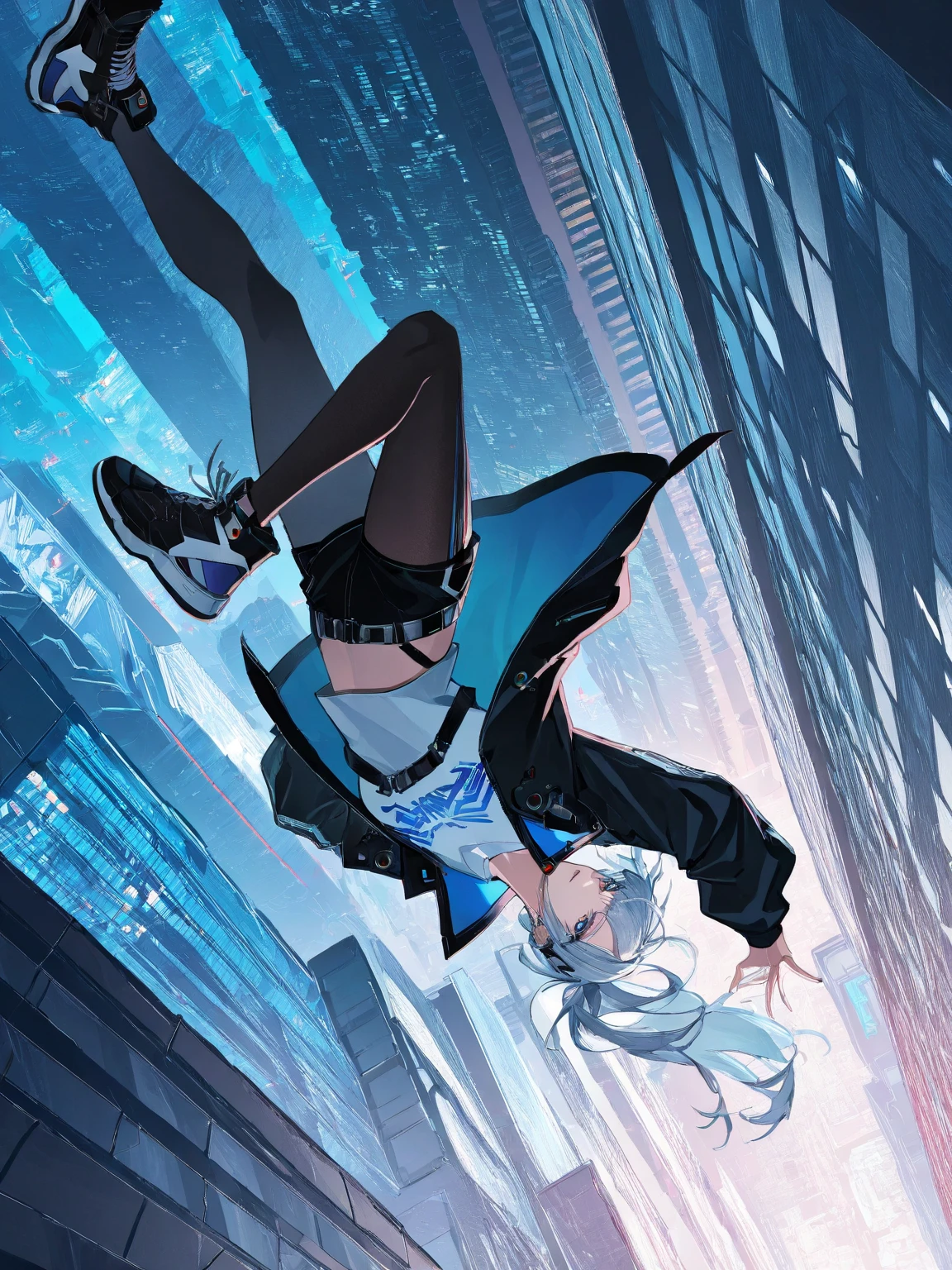 Highest quality,Highest Resolution,Woman jumping off a skyscraper,Night city falling upside down,