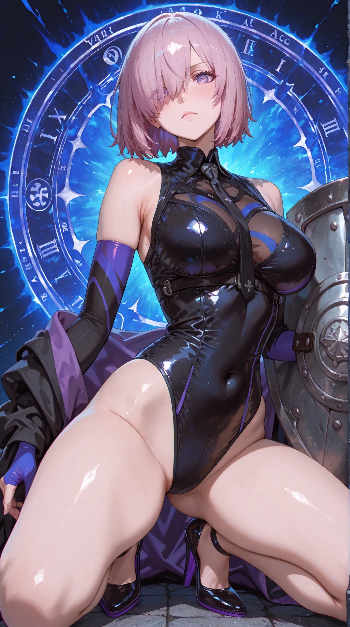 (Masterpiece, Side Light, Fine Beautiful Eyes: 1.2), (Masterpiece * Portrait), Portrait, (Bust), Realistic, Anatomically Correct, 3D Face, Sweet Skin, (Solo), Highlights, Gradient Hair, (Close-up of Face), Cute Face, (Fire Opal-like Purple Eyes), Hanging Eye Corners, ((High Detail Skin, Visible Pores)), (Perfect Figure), A Beautiful Girl, Small Breasts, ((Military Full Cover Biochemical Protective Suit)), (Neck Ring), Very, very short short gloves, (chains)