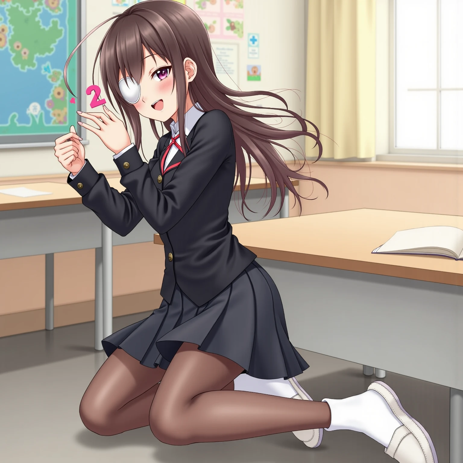 A teenage girl, 16-years-old, solo, Korean, white skin, loose wavy black hair, no bangs, brown eyes, white blouse, black necktie, standing_split, black pleated skirt, black pantyhose, playful smile, cheerful, classroom