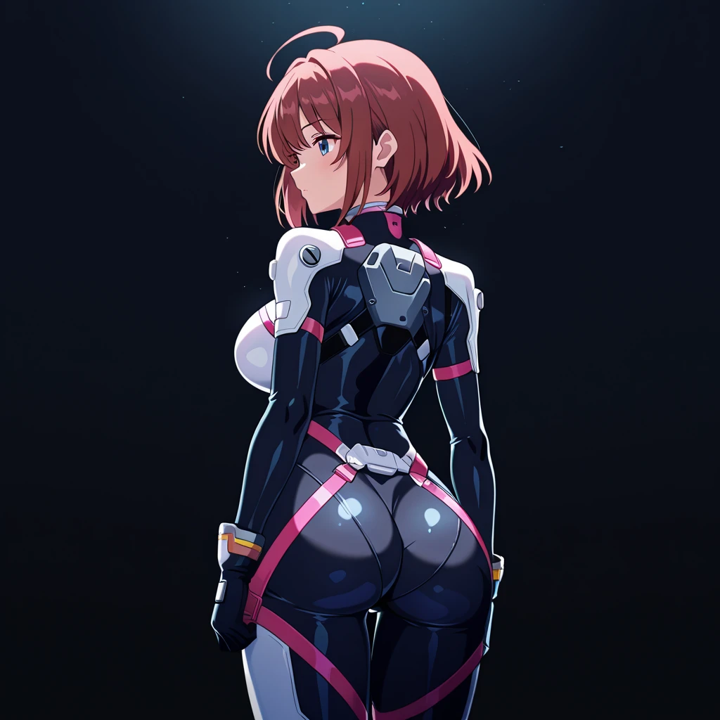 Bikini space armor pinked haired girl looking out into space with wide hips and big breast, Nipples, rear view, looking back