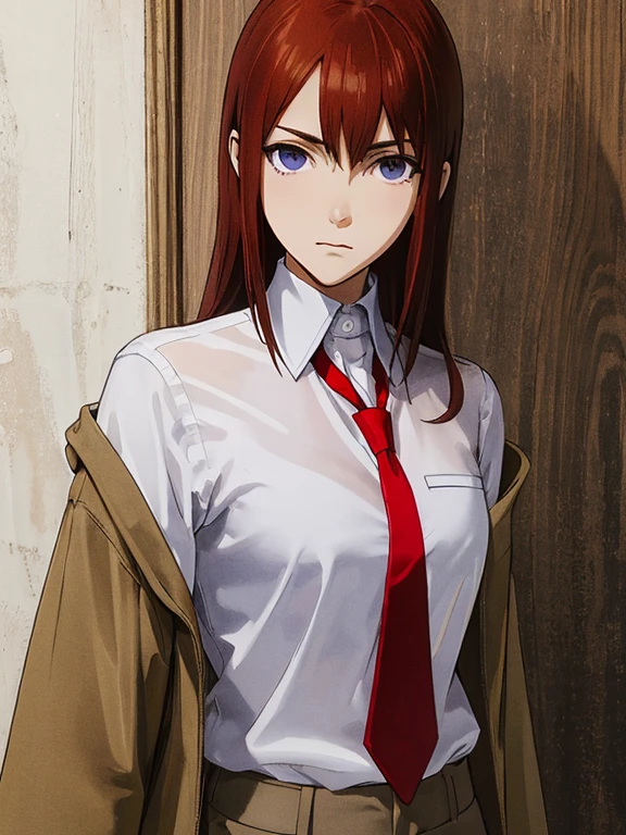 A cute young woman with light brown hair and hazel eyes. She is wearing a white lab coat over a red sweater and plaid skirt. She has a serious and intellectual expression as she pushes up her glasses. Her hair has twintails on either side of her head that extend down to her shoulders. She is surrounded by various science equipment like beakers, test tubes and electronics. There are complex equations and diagrams scribbled on a chalkboard behind her. She is standing in the middle of a futuristic-looking laboratory. Generate a highly detailed portrait of the anime character Makise Kurisu in this setting using a realistic art style. Apply studio-grade lighting, texturing and finishing for maximum realism while maintaining key character features. Ensure outfit details, facial expression and likeness are accurate to the source material.