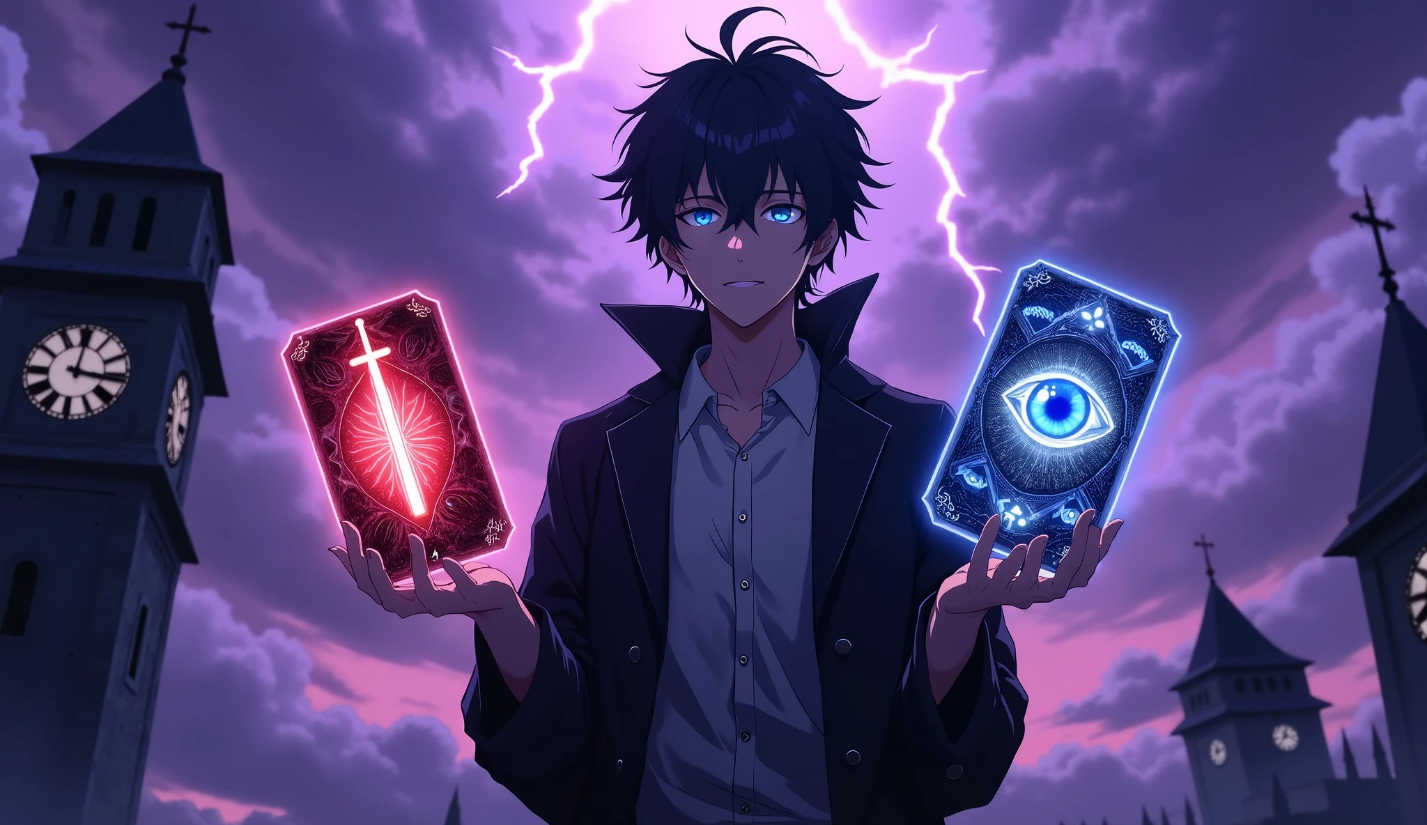 "Create an anime-style scene with a dark-haired character with shining blue eyes, character who radiates a powerful and mysterious aura. A character in a black hoodie with a yellow backpack stands calmly on top of a crumbling clock tower under a stormy purple sky, with lightning flashing in the distance. He looks at the virtual notification window, showing the process of merging his soul with a mythical artifact. On the right, two SS: one featuring a blazing sword wrapped in chains ('Soulbound Blade Card') and the other with a ghostly dragon eye ('Ancient Vision Card'). The cards are glowing in vivid crimson and silver tones. Rank cards are shown. The arrow connects cards and a central glyph, emphasizing the awakening of a hidden class and the fusion of rare powers through perfect resonance."