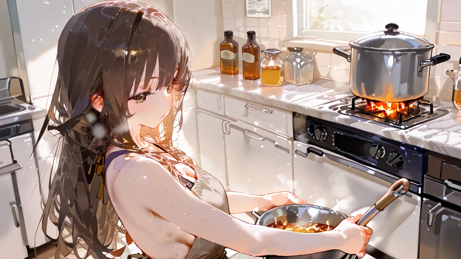 A girl making curry in a micro bikini