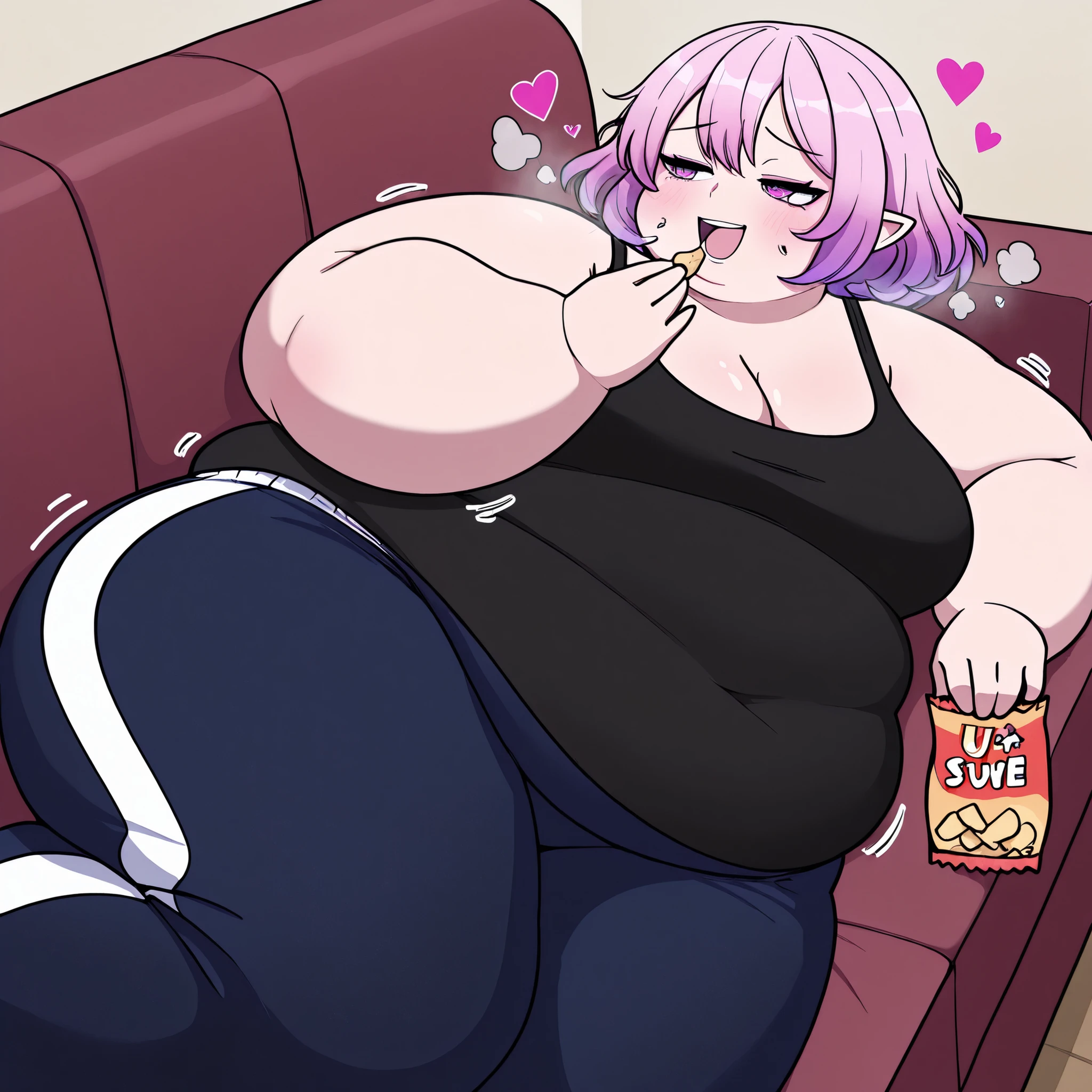 cute soft anime woman, shy, sweet fluffy girlfriend, mature, big breasts, wearing a sweater, fat, wide hips, soft, fat, chubby, pink hair, tall, shy. pink sweater. obese, sitting in a restaurant, eating a large cake, belly stuffing, full, gluttony, eating, thick thighs, wide hips.