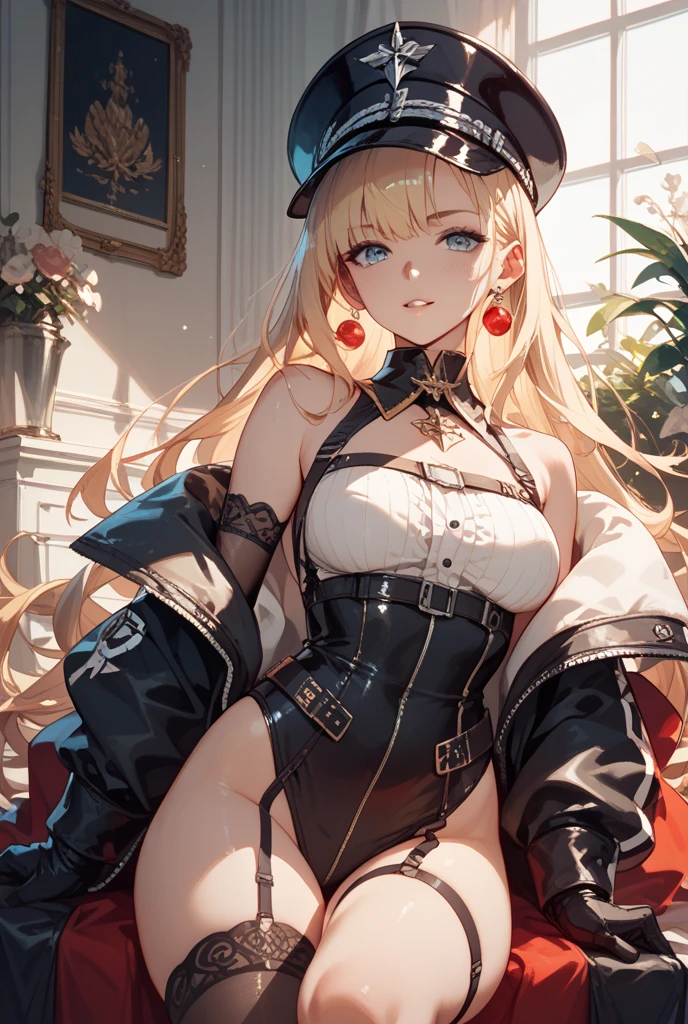 (masterpiece, best quality:1.4), absurdres, highres, ultra detailed, beautiful, (secretary), (perfect face, detailed face, beautiful:1.3),(natural breasts, cleavage), collarbone, fingerless gloves, gloves,spaghetti strap top, black pencil skirt, tight, over the knee skirt, hat, elegant secretary outfit, thighhighs, thick thighs, thighs, multiple belts, More detailed 8K.motor irreal:1.4,UHD,La mejor calidad:1.4, fotorrealista:1.4, textura de la piel:1.4, obra maestra:1.8,obra-prima, mejor calidad,objeto Objeto], (detailed face features:1.3),(manos detailed)