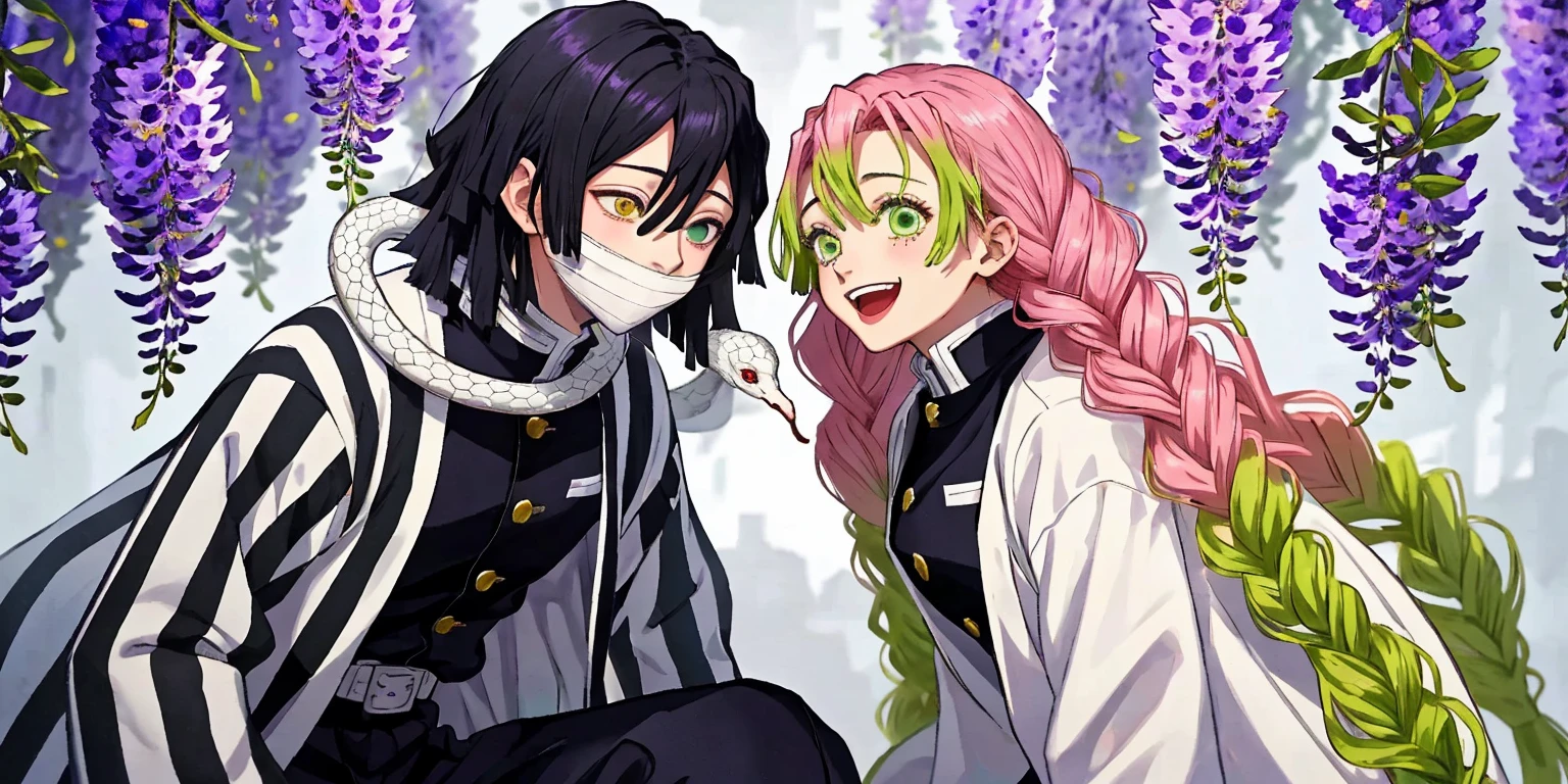 masterpiece, best quality, highres,
1girl mitsuri, pleated skirt demon slayer uniform white haori long sleeves thighhighs, cleavage,
1boy obanai, demon slayer uniform vertical stripes jacket black pants, mask, white snake
sitting, sleeping on person, smile, very detailed face and eyes, flowers and petals
