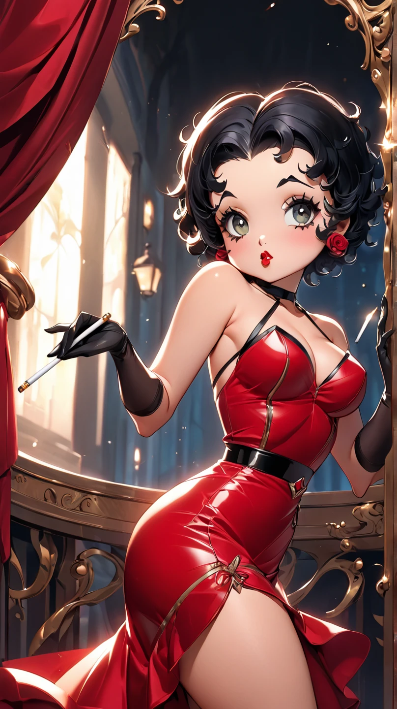 Stormy,blue hair, white hair strands, short curly hair, green eyes, choker, red eye makeup, red lipstick, red dress, pink pantyhose, gloves, feet, looking at viewer, serious, smiling, blush, kneeling, on large bed, from_behind, romantic ambiance, high quality, masterpiece, <lora:WinxClubStormy:.8>