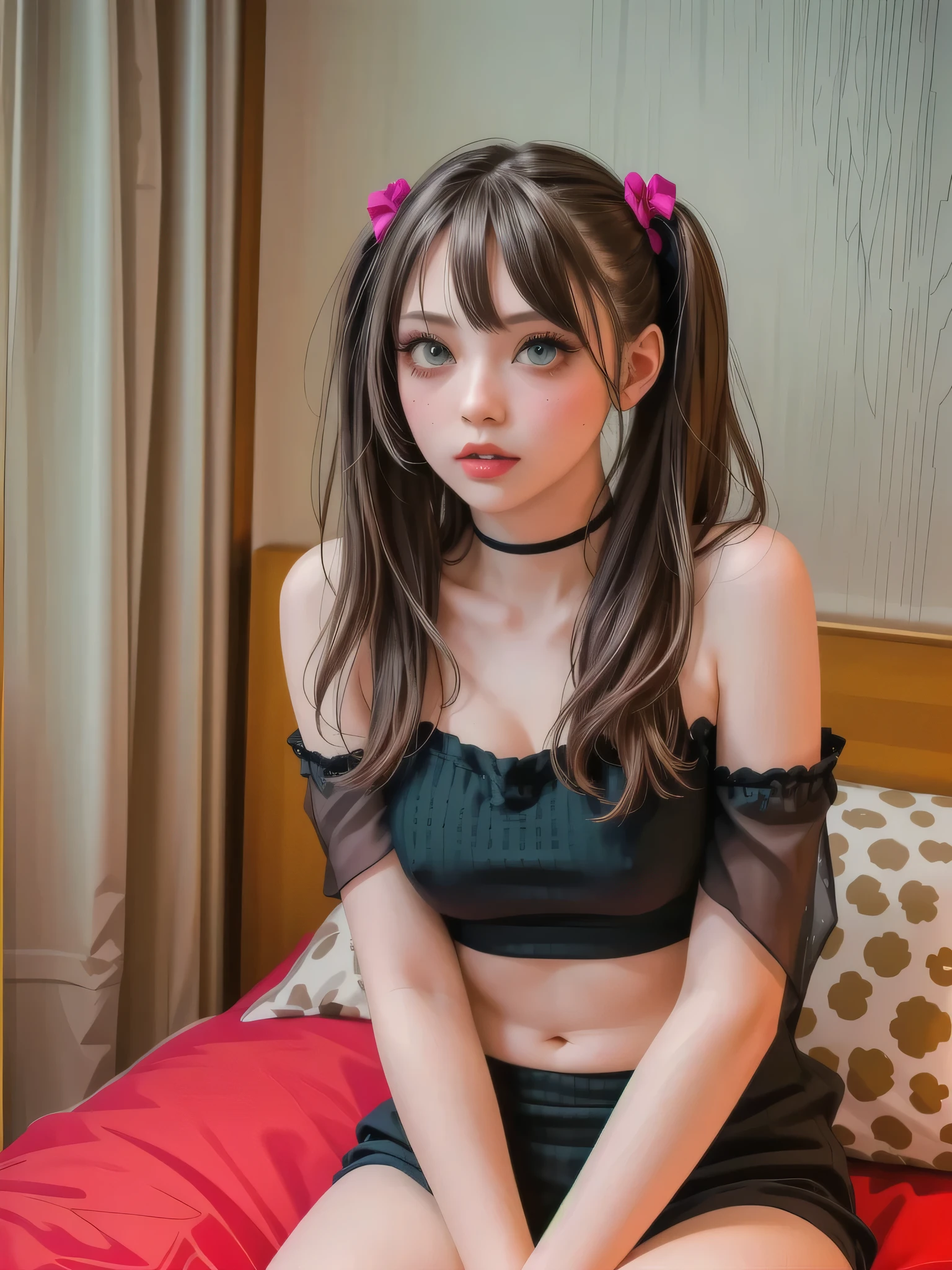 ((Highly accurate drawing across the details) Extremely accurate depiction )[high resolution],((realistic texture expression)),(Clear and precise illustrations),(Very fine and precise drawing ),(Delicate lines with slow speed)[[Beautifully color-tressed main lines]],cheap hotel guest room background,(JapaneseGirl[[Asian]Japanese girl](Beauty[(beautiful, deep colored, big eyes)sharp small face[cockatiel[I feel the thickness of the skin {x} I receive images of cats A cute face]]][[Unhealthy look](Strongly makeup face)landmine makeup[goth punk makeup(makeup based on a deep red and black color scheme)]])[][moist lips][(airy, light, straight hair)(hairstyle with 2 layers on the side[lightly dyed hair[Red Line Colors]](Hair Brace Accessories with Pop Designs[colorful]))](Skinny[delicate and rugged body[Immature]])((Large, voluminous breasts that are unbalanced with a delicate body[Heavily saggy breasts(Pointed nipples )])[puffy nipples][リアルな乳頭のdetails]))(fleshy body that doesn't feel thick on the skin)[Melanin pigment is thin][Transparencyのある全身の細かい産毛],(Winter loungewear [Boa fabric [Realistic fabric thickness representation]])[[ knit ][fur][[leopard pattern]]],[During orgasm](sweaty[ecstatic]) Natural Eros (nude gravure[Euphoria]),[Ideal Eros],([[リアルな女性器のdetails]][(Nucleus)[labia minora]]),(Fine, and beautiful skin expression[Transparency]),(精密に細部まで描画された美しい目のdetails)[[深いTransparency][Sharply defined pupils](A jewel-like iris)((Beautiful eyes clearly drawn down to the smallest detail))]),[[Eye Light[Pinpoint lighting for the eyes]]],[Long and beautiful eyelashes],[Soft looking lips],[[Uncluttered hairstyle]Intricately drawn hair[美しく艷やかな髪のdetails]],(完璧な手のdetails[Beautiful fingers without flaws[Beautiful nails]]),[[[[Beautiful navel]リアルな臍のdetails]]],(Perfect Anatomy(Perfect, well-balanced proportions))[[full body image:0.4]],[[High level of design[The golden ratio]]][ideal color coordination(accurate simulation of the interaction between light and materials)[Beautiful and vivid color]],(HighQuality,high resolution,(details,高Fine)),[[Soft ambient light]],[Realistic],[Narrative visual art][[full body image:0.4]][[[Transparencyのある彩色]]][Colorful],[[Personalization]]((top quality)Fine[[High density drawing]])(最high resolution).
