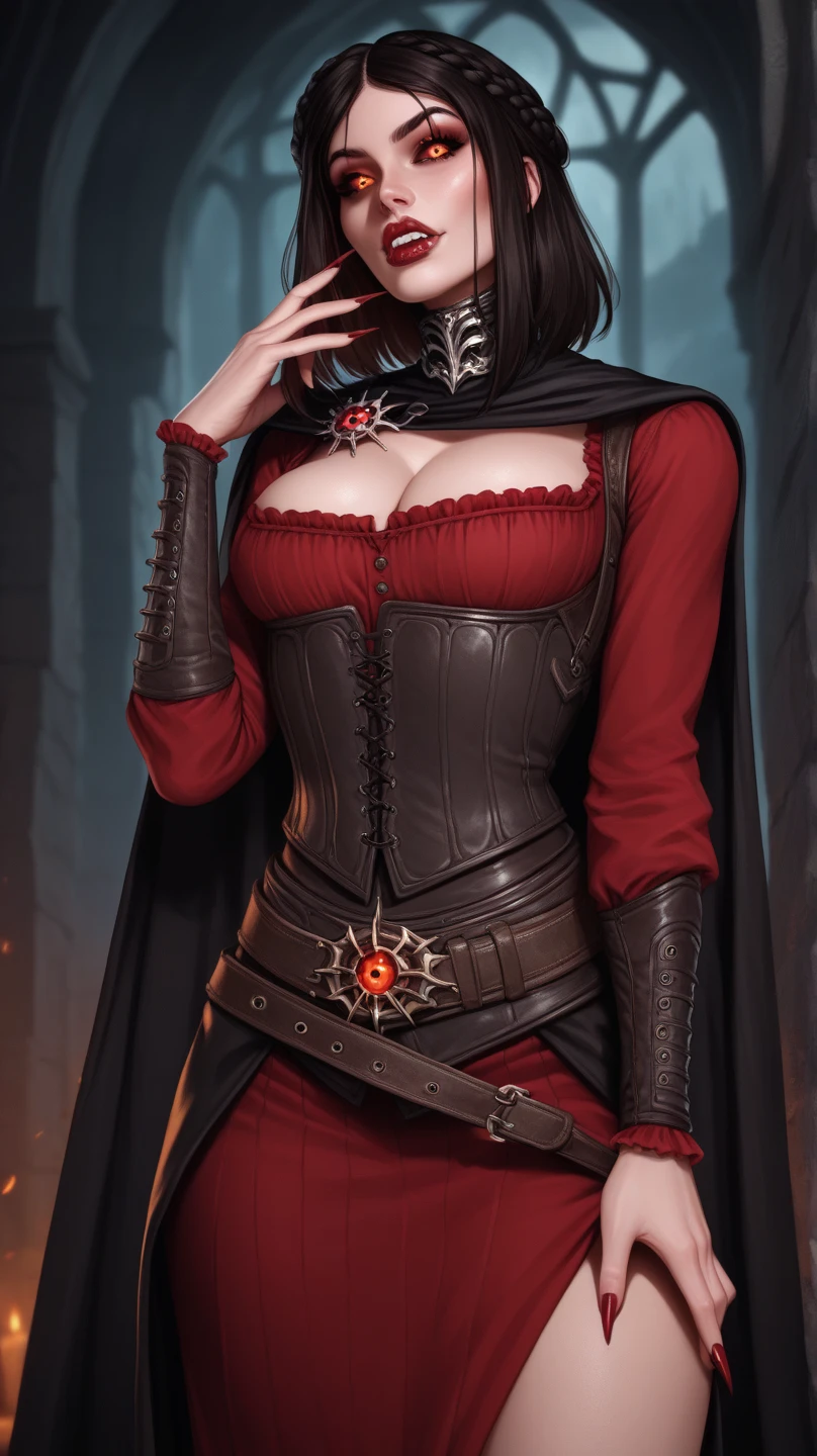 An adult female character, magician with short hair, red, orange, gothic armor in black and blue color, robe, flowing cape, 8k, oil painting, magnificent art with serious facial expression, medieval city, night with moonlight and stars, magic, very detailed oil painting, beautiful tiara, war helmet