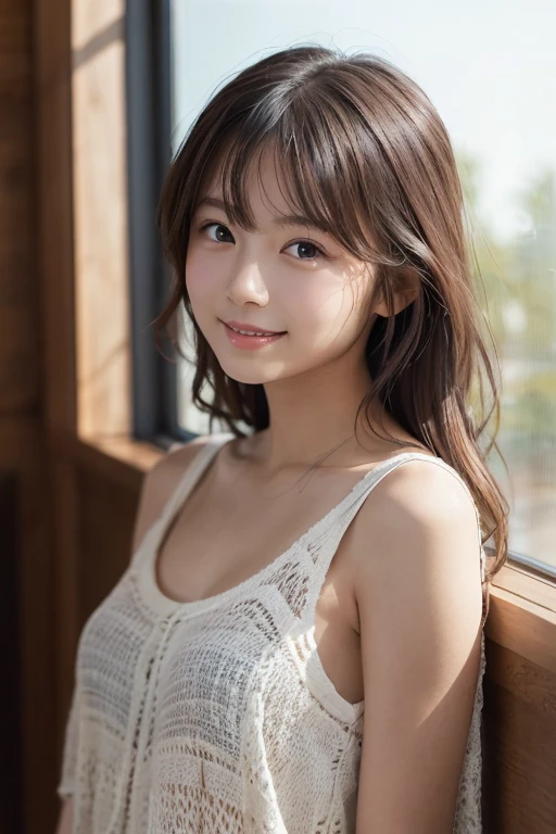 (8K、Raw photography、top-quality、masterpiece:1.2)、(realisitic、Photorealsitic:1.37)、ultra-detailliert、超A high resolution、女の子1人、see the beholder、beautifull detailed face、A smile、Constriction、(Slim waist) :1.3)、Beautiful detailed skin、Skin Texture、Straight hair、Professional Lighting、Whole human body、Short hair、a blond、hi-school girl、School Grounds、Small breasts、Bob Hair、Happy smile、perspiring、(White panties:1.1)、(Sitting table:1.2)、(Facing the front)、(Low ponytail:1.1)、(Striped Knit Shirt:1.1)