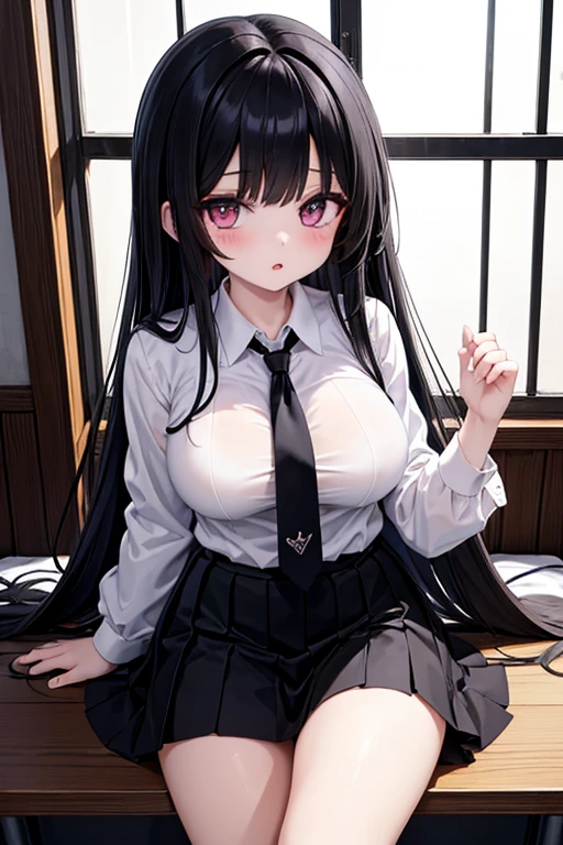 Italian girl, 25 years old, very long black hair, gigantic breasts, thin, wearing a torn white shirt and a pleated black miniskirt, she is lying at the altar of a megalithic circle, her arms and legs are tied with ropes to the altar, she has a slave collar

