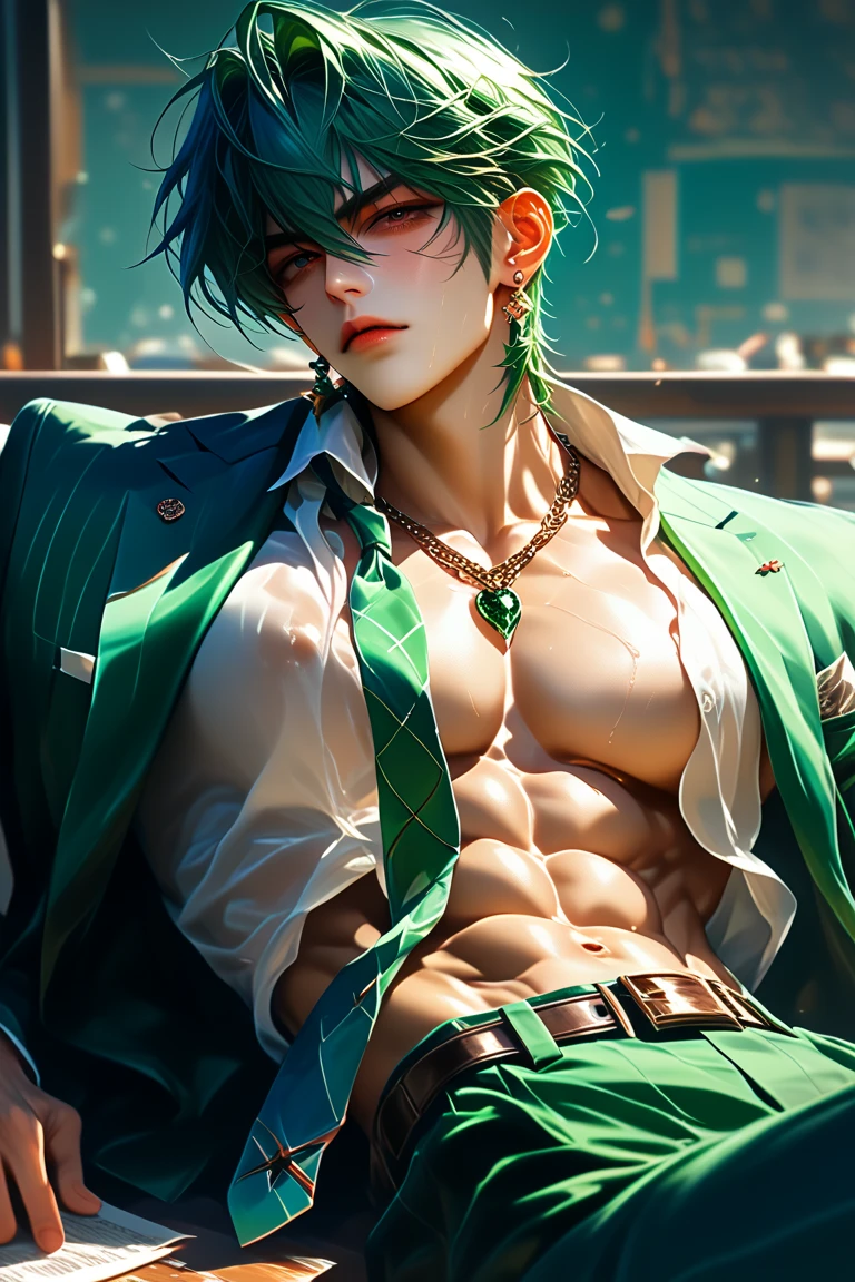 (hyper-realistic digital illustration), hires, best quality, boy wearing micro black thong, see-through black thong , front view, lying on his back, holding legs raised, athletic body, (white skin), bare chest, flat chest,(long green blue hair scruffy ), determined expression, small waist, muscular.