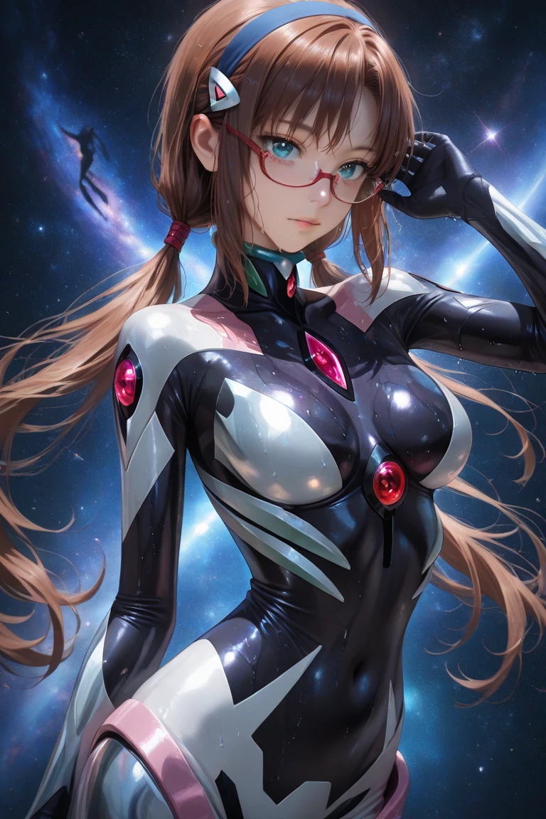 (best quality), (masterpiece), (ultra detailed), (1Girl, beautiful, brown hair, gray eyes, (wearing blue evangelion style latex suit), in one grass meadow), glasses