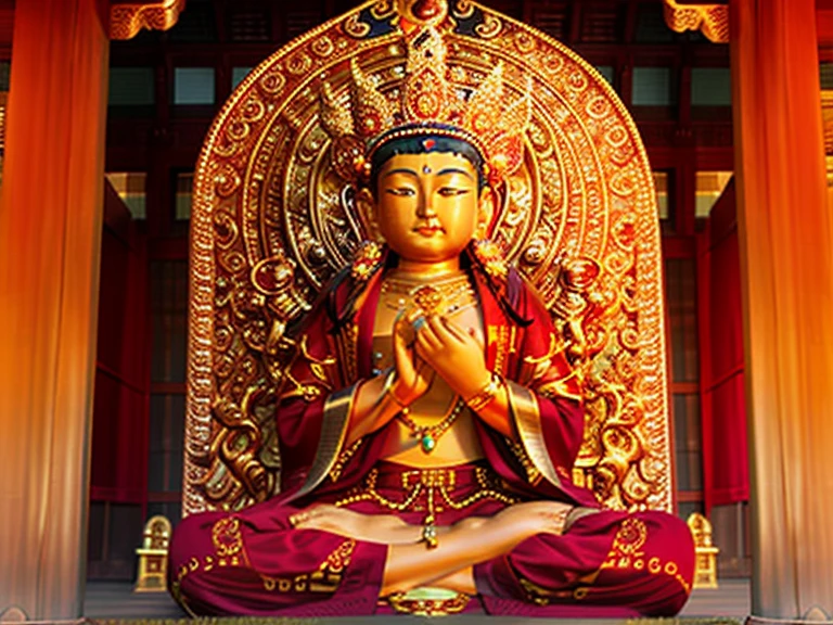 Mila, Maitreya Bodhisattva,Maitreya, a golden buddha statue sitting on a red carpet in a room with red flowers and a gold throne with a golden buddha sitting on it, 1girl, blood, bouquet, breasts, camellia, flower, holding_flower, indoors, jewelry, makeup, medium_breasts, necklace, orange_flower, pink_flower, pink_rose, purple_rose, red_flower, red_rose, rose, rose_petals, sitting, solo, spider_lily, thorns, vase, white_rose, window, yellow_rose