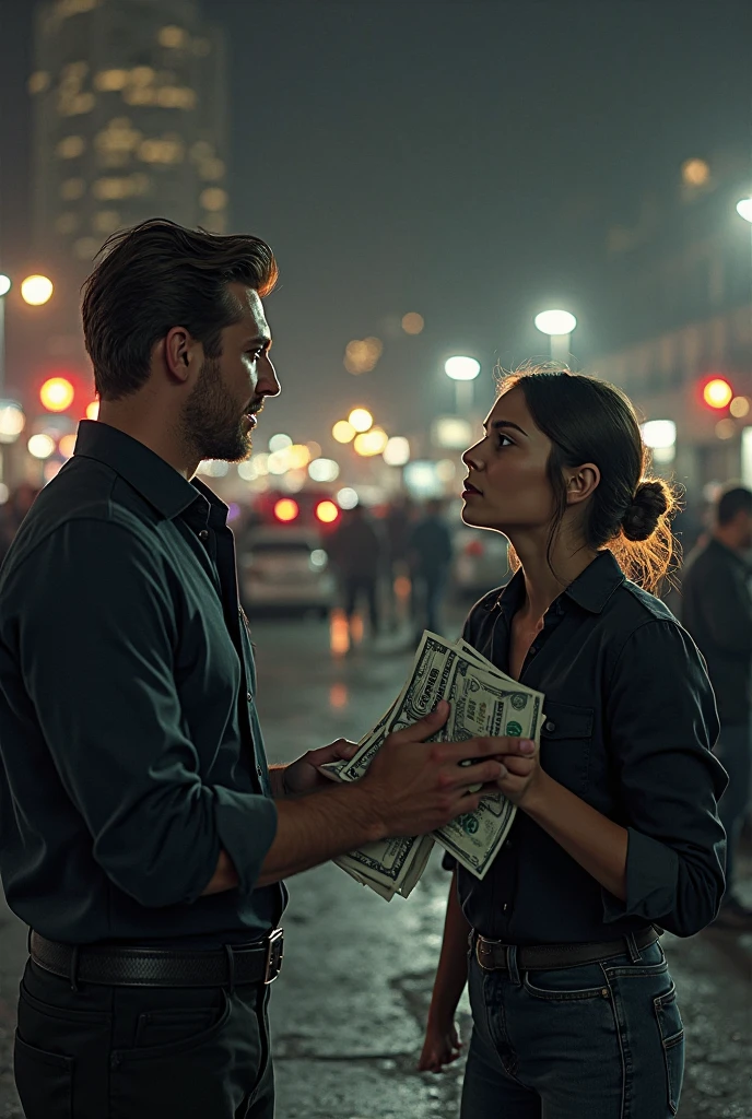 Man with vampire woman, She takes money from him