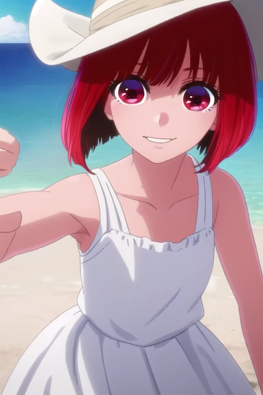 kanaarima, kana arima, short hair, bangs, (red eyes:1.3), red hair, bob cut, smile, BREAK looking at viewer,chwo,ribbon,hair ribbon,red ribbon, Smiling, looking at the viewer, blue theme, blue background, cloudy sky, sunlight, sweat, orgasmic, bikini swimsuit, medium breasts, cleavage, belly button exposed, collarbone, thighs, sea, head, Wave, splashe, BREAK (masterpiece:1.2), best quality, high resolution, unity 8k wallpaper, (illustration:0.8), (beautiful detailed eyes:1.6), extremely detailed face, perfect lighting, extremely detailed CG, (perfect hands, perfect anatomy),