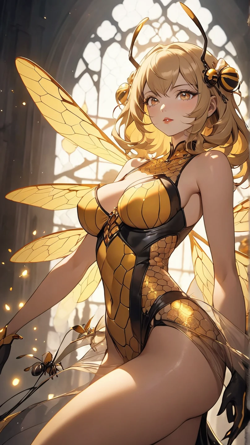 (masterpiece:1.3), (8k、highest quality:1.4), (Best image quality, Intricate details, High resolution, Depth Field, Natural light, Professional Lighting), Create a stunning and seductive pin-up style illustration in the spirit of anime, featuring a confident and curvaceous bee-girl with blonde hair and a unique twist. Emphasize her powerful physique, with muscular thighs and a toned abdomen, accentuated by her animal-themed outfit. Her most striking features include her voluminous blonde hair, glowing with golden highlights, and her large, captivating eyes with a hint of honey-like sparkle. Imagine her posing seductively, showcasing her ample assets, including her prominent breasts and thick thighs, while donning a creative blend of bee-inspired attire, perhaps with translucent wings and a playful stinger. The color palette should be warm and inviting, with soft golden hues and pops of amber and yellow, reflecting the essence of honey and sunshine. The lighting should be soft and flattering, creating a dreamy and ethereal atmosphere. This bee-girl embodies both strength and sensuality, captivating viewers with her unique blend of animalistic charm and anime allure."