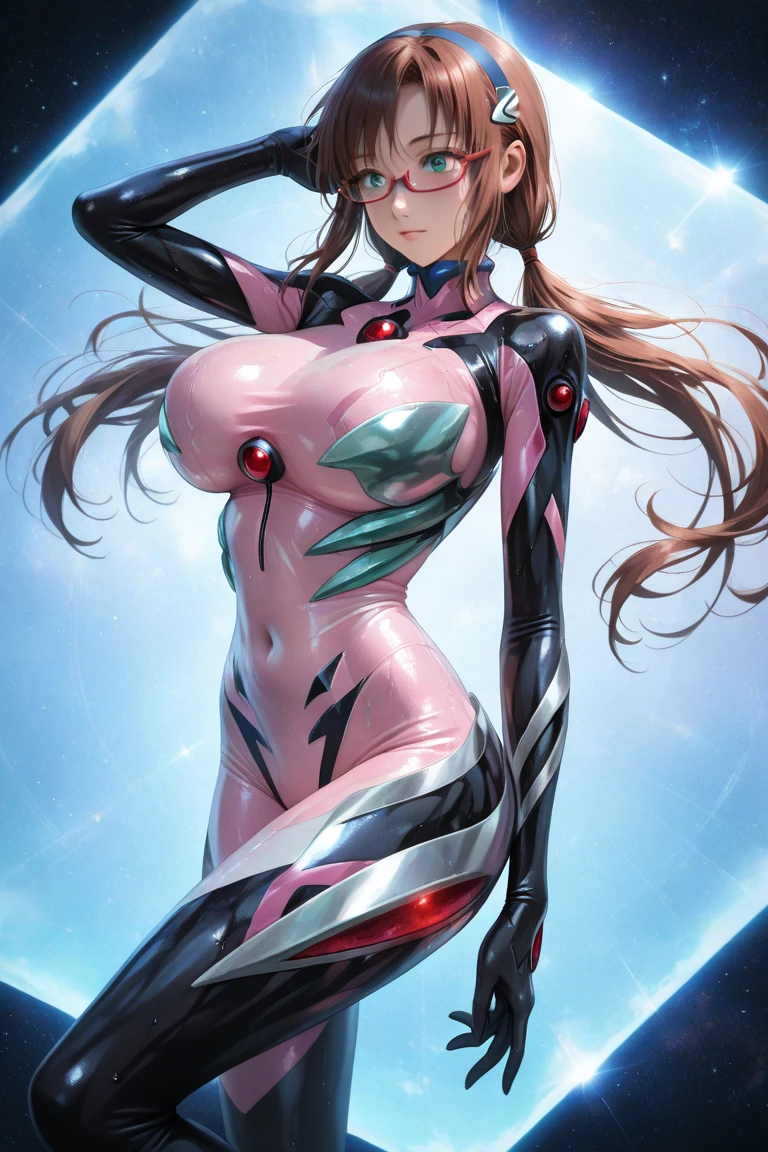 (Highres) (Detailed illustration) Ultra-detailed, blue eye color, glassy detailed eyes, detailed face, Asuka Koukawa, hime hair, straight bangs, very long hair, ginger hair, teen, visible muscles, athletic body, thick arms, mechanical limbs, mechanical arms, opaque pink bodysuit, shiny latex bodysuit, detailed latex bodysuit, detailed fishnet, oppai, huge breasts, cyberpunk setting, sky scraper roof top, roof top, full body, cyberpunk japan, windy hair, windy, sitting with legs stretched out,