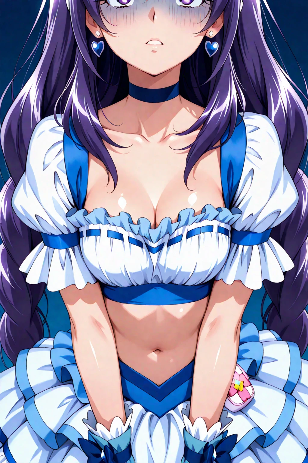 (masterpiece:1.1), best quality, NSFW, 
1girl, (80s anime style:1.3), (eyelashes:1.5), (loli:1.1), 
(intricate high detailed body:1.2), 
Indigo hair, (blunt bangs:1.1), (twin braids:1.1), 
green eyes, (lip stick:1.1), 
slender body, small breasts, 
(expressionless:1.2), 
neckwear, (white lace leotard with sleeves:1.1), 
(short frill skirt:1.1), see-through clothes, jewelry, 
(cowboy shot, looking at viewer, from front:1.1),
in royal palace,