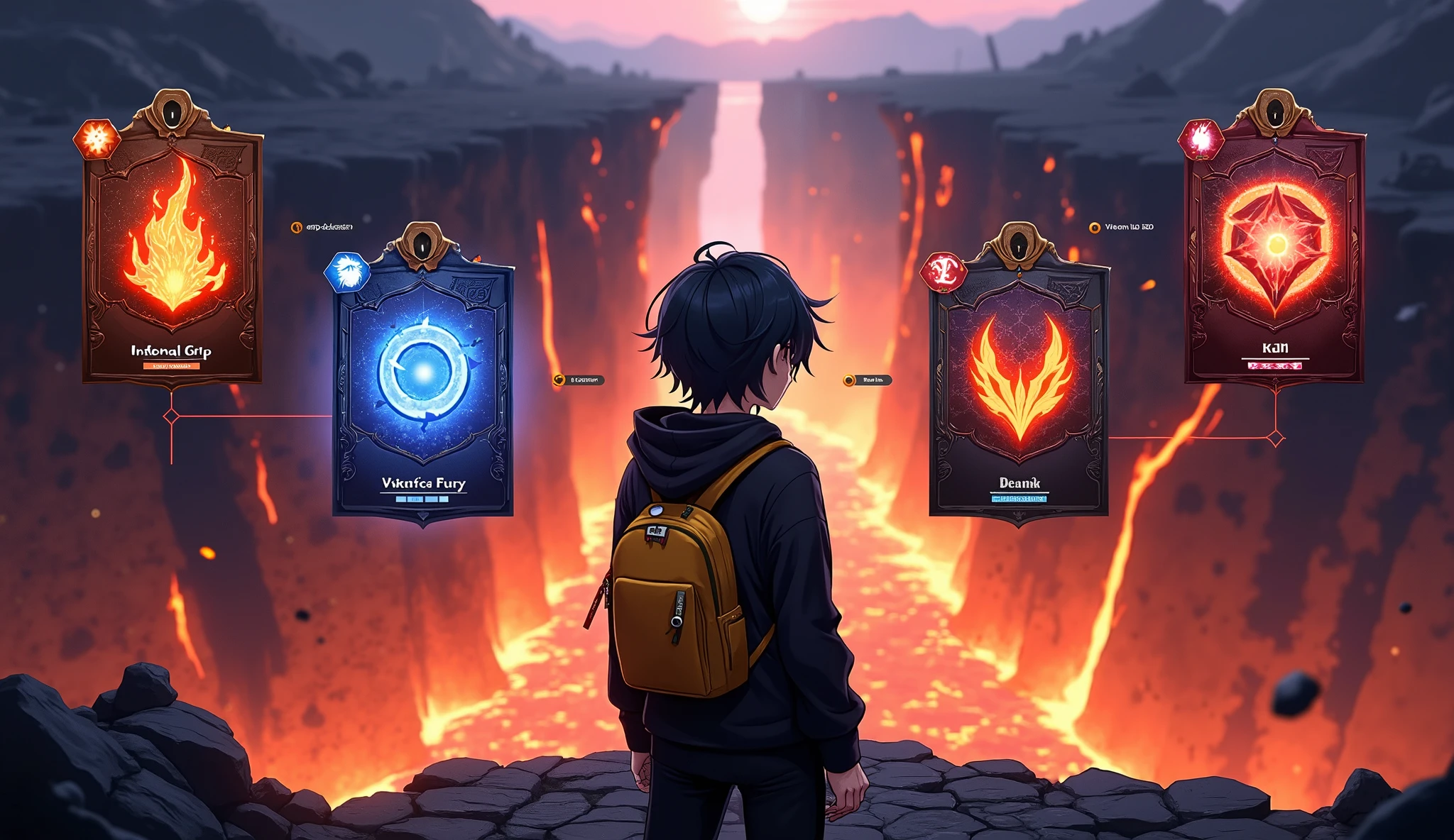 "Create an anime-style scene with a dark-haired character with shining blue eyes, character who radiates a powerful and mysterious aura. A character in a black hoodie with a yellow backpack stands at the edge of a collapsing stone bridge above a lava-filled chasm, with embers and ash floating around him. He looks at the virtual notification window, showing the process of awakening an ancient bloodline. On the right, two SS: one featuring a demonic gauntlet wrapped in fire ('Infernal Grip Card') and the other with a molten hammer slamming the ground ('Volcanic Fury Card'). The maps are filled with blazing orange and obsidian tones. Rank cards are shown. The arrow connects cards and a flaming sigil, emphasizing the ignition of destructive power and raw elemental dominance."