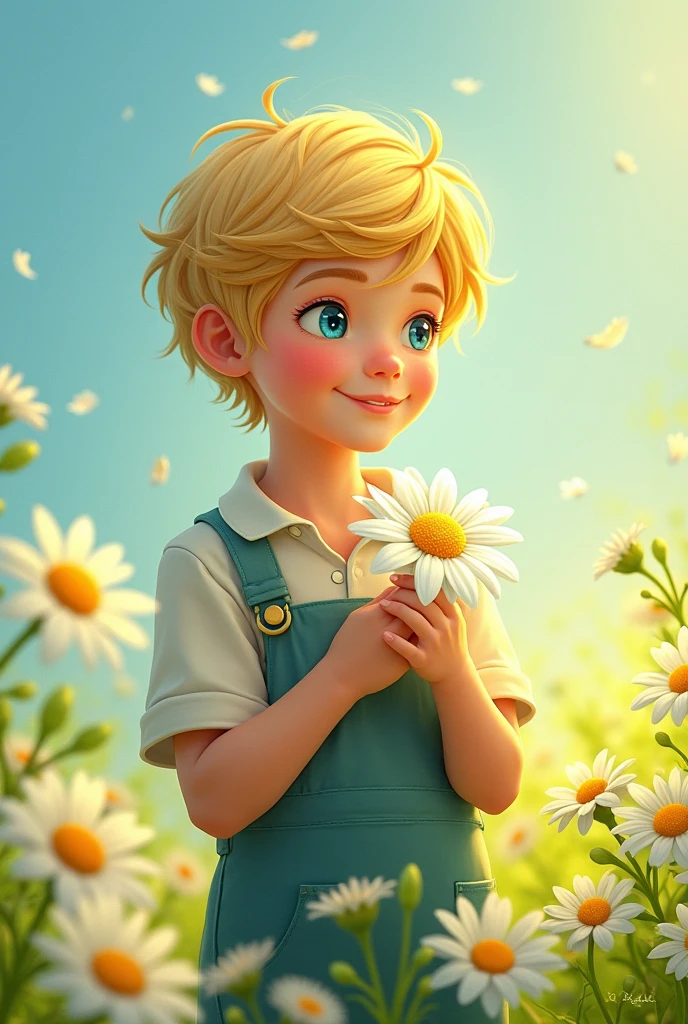 Two-year-old Disney-style boy with white skin, blonde straight hair, dark brown eyes, thin lips
Wearing a yellow shirt and jeans with white sneakers watering plants