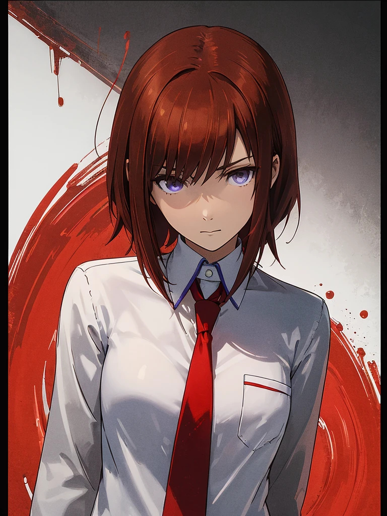 anime character in a dark suit and tie standing in a hallway with blood on the walls, and some blood on the character and her face,a makima,Medium chest, russet hair,the girl Makika,shorth hair,half moving,(dark environment),vivid color.