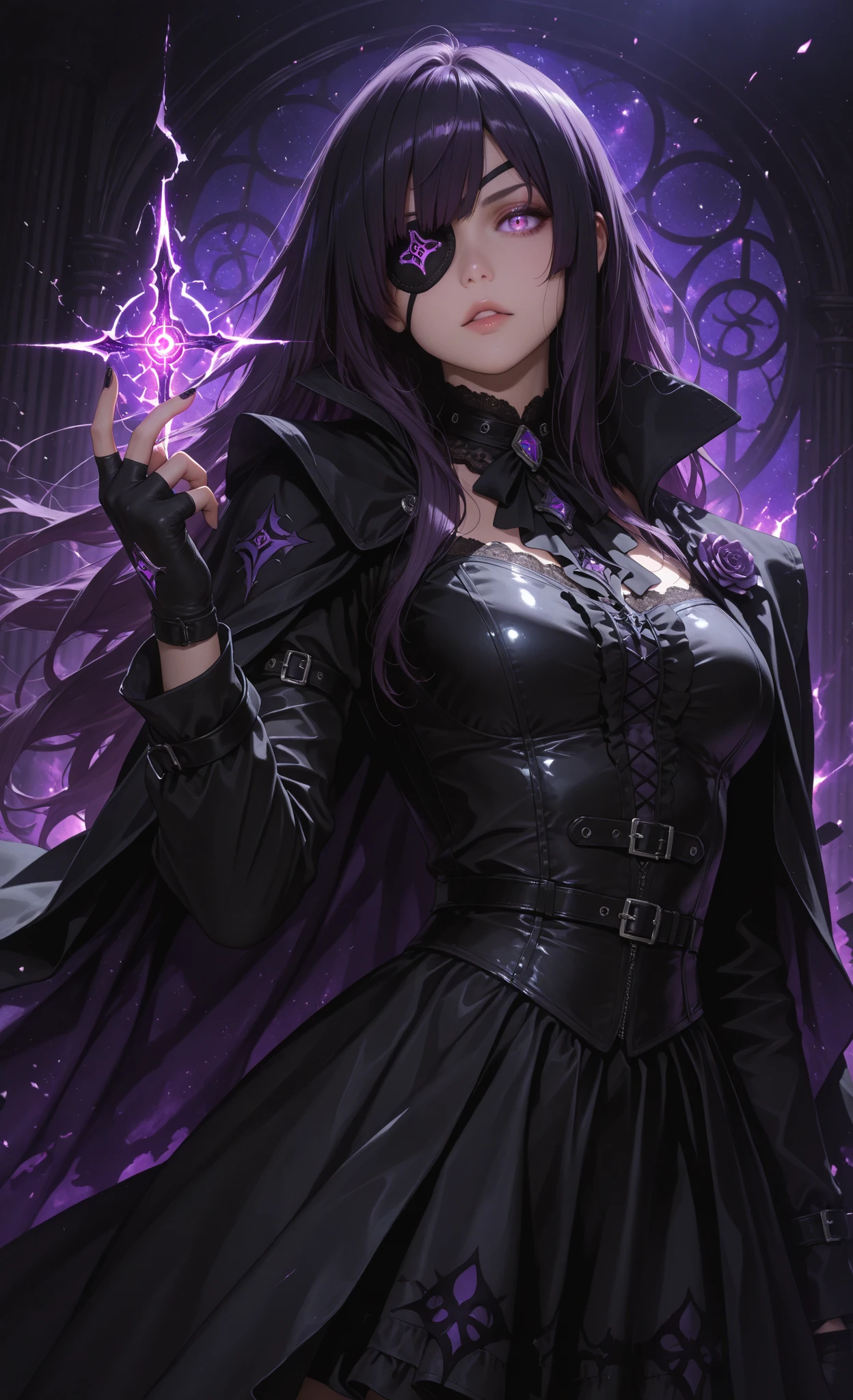 (masterpiece, detailed:1.2), semi-realistic, hyper-detailed, anime girl, chuunibyou style, eyepatch on one eye, black gothic outfit, fingerless gloves, dramatic cape flowing in wind, mysterious glowing symbol on hand, intense gaze, exaggerated cool pose, dark purple and black tones, magical aura swirling around, background of cracked dimension or starry void, cinematic lighting, dynamic angle, glowing eye under eyepatch, fantasy energy effects, highly detailed