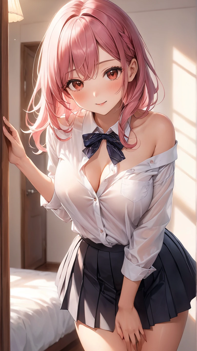 (masterpiece:1.3, top-quality, ultra high res, ultra detailed), (cleavage:1.4),(realistic, photorealistic:1.4), beautiful illustration, perfect lighting, natural lighting, colorful, depth of fields, surrealism, (embarrassed,blush:1.3),
beautiful detailed hair, beautiful detailed face, beautiful detailed eyes, beautiful clavicle, beautiful body, beautiful chest, beautiful thigh, beautiful legs, beautiful fingers, shiny skin,
looking at viewer, 1 girl, japanese, high school girl, (perfect anatomy, anatomically correct, super detailed skin), cute and symmetrical face, babyface, perfect face, perfect eyes,
(middle hair, two side up, pink hair), crossed bangs, purple eyes, drooping eyes, big eyes, long eyelashes, (large breasts, seductive thighs, skindentation), slender, outstanding style,
((detailed cloth texture, white collared shirt, blue pleated skirt, dark red neck ribbon), black thigh-highs, loafer),
(beautiful scenery), late afternoon,hands on chest, (lovely smile, upper eyes, open mouth small),