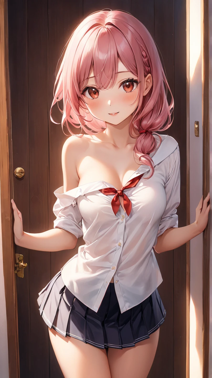 (masterpiece:1.3, top-quality, ultra high res, ultra detailed), (cleavage:1.4),(realistic, photorealistic:1.4), beautiful illustration, perfect lighting, natural lighting, colorful, depth of fields, surrealism, (embarrassed,blush:1.3),
beautiful detailed hair, beautiful detailed face, beautiful detailed eyes, beautiful clavicle, beautiful body, beautiful chest, beautiful thigh, beautiful legs, beautiful fingers, shiny skin,
looking at viewer, 1 girl, japanese, high school girl, (perfect anatomy, anatomically correct, super detailed skin), cute and symmetrical face, babyface, perfect face, perfect eyes,
(middle hair, two side up, pink hair), crossed bangs, purple eyes, drooping eyes, big eyes, long eyelashes, (large breasts, seductive thighs, skindentation), slender, outstanding style,
((detailed cloth texture, white collared shirt, blue pleated skirt, dark red neck ribbon), black thigh-highs, loafer),
(beautiful scenery), late afternoon,hands on chest, (lovely smile, upper eyes, open mouth small),