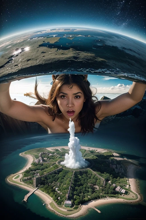 epic movie poster, volcano erupting, award winning (full body:1.3) portrait photo of a (moana:1.2), (seashell bikini:1.2), (water goddess:1.2), tribal tattoos, (wading:1.2) in the pacific (ocean:1.1), arms behind head, (partially submerged shot:1.2), (waves:0.9), desert island background, palm trees, beach,fluffy clouds in the sky, outrun, vaporware, trending on artstation, highly detailed, fine detail, intricate, (lens flare:0.9), (backlighting:0.9), (bloom:0.9), [Style-Micro::10]