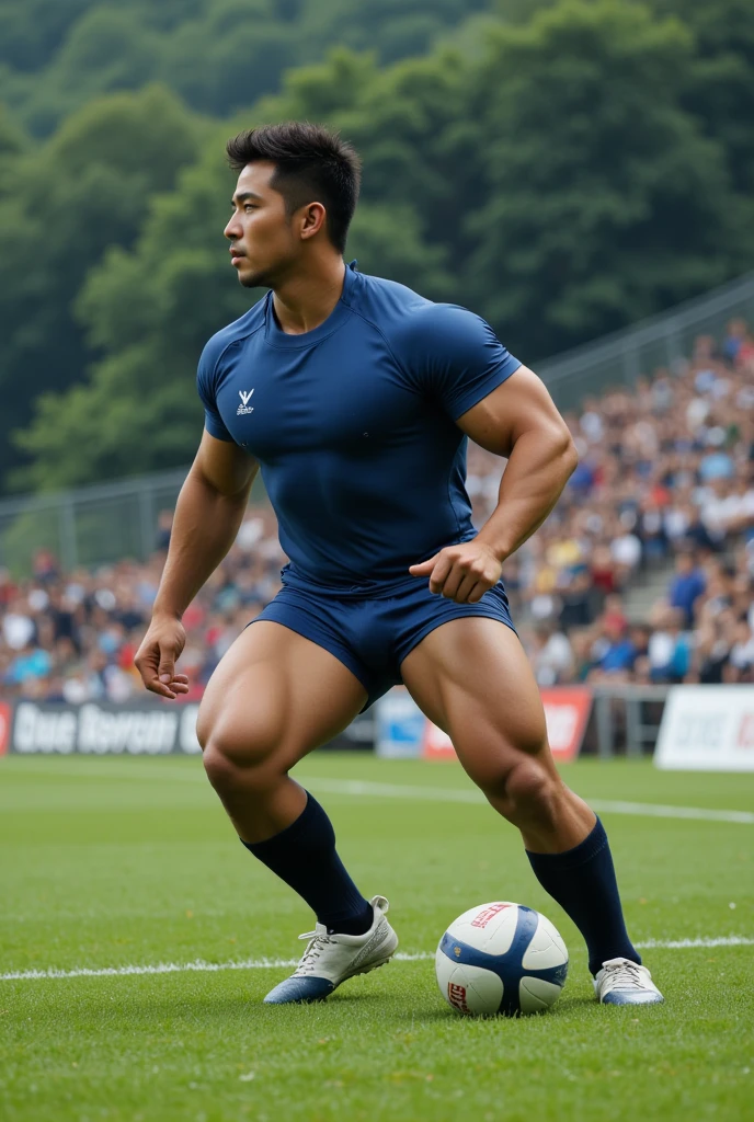 a 40-year-old Japanese stocky thick rugby player with short beard and short hair in uniform sitting on a bench. lags are spread a part. front view