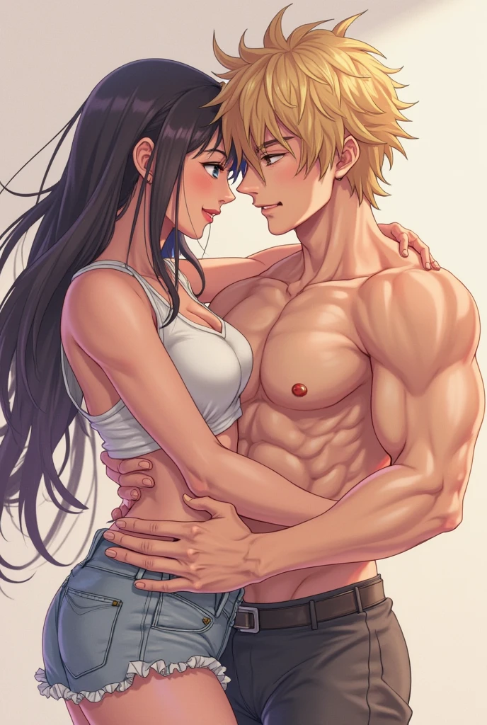 ((best quality)), ((masterpiece)), (detailed),female anime perfect body wearing white bra bikini, pink short hair, sexy, hugged from behind by the yellow hair boy white skin wearing blue hoodie 