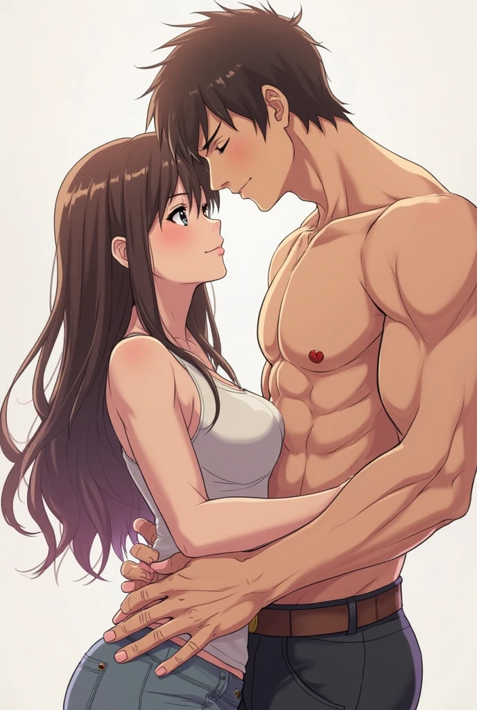 Anime girl naked and anime boy naked, girl touching boys front private part, boy touching girls boobs with on hand, both of them blushing.