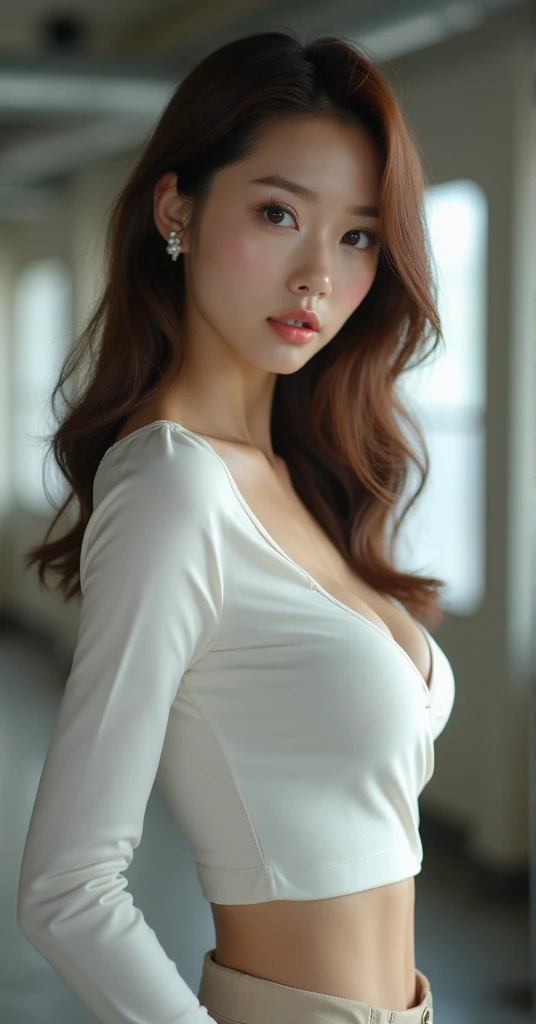Top quality, RAW Photo, Highest Quality Image, 16K, Full body, Age 22 years old, Realistic, Photorealistic, Beautiful Asian woman, Sexy, body, White pale skin, Beautiful hair, Wavy hair, Brown Hair,, Short hairstyle, Detailed face, Detailed body, Detailed skin, Double eyelids, Big eyes, long eyelashes, bright eyes, green eyes, natural lips, detailed lips, Saggy breasts, Very Small breasts, Flat Breasts, long shape breasts, posing in her car, sunny day light , light through Aspen trees, wearing white thin shirt with zipper unzipped, no bra, Camera angle from below