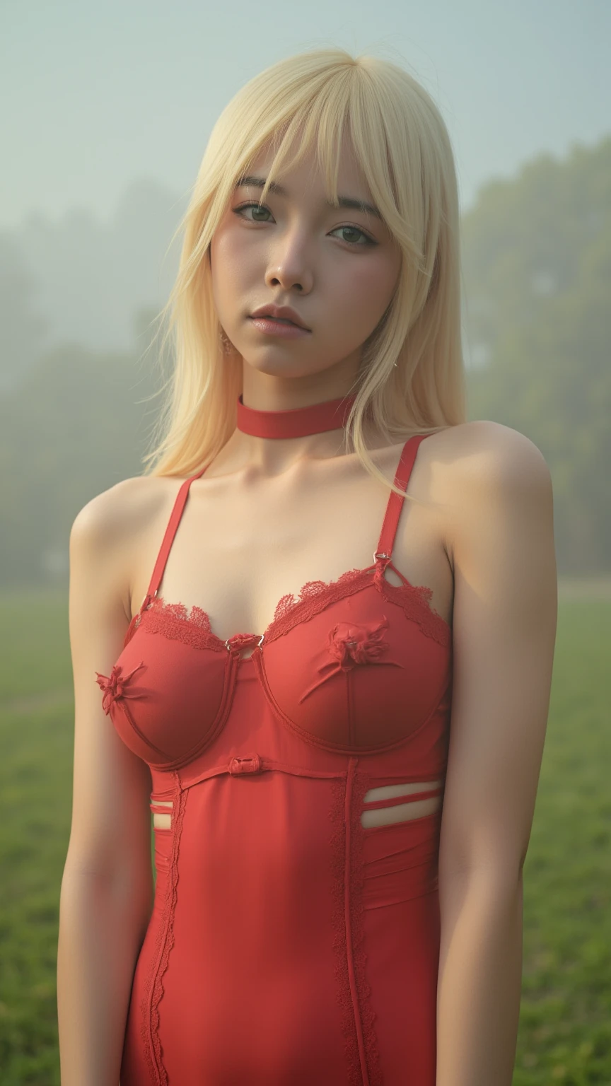 1girl,solo,red background,,ruanyi0785,bodysuit,fishnets,see-through,lingerie,cowboy shot,blonde hair,very long hair,score_9,score_8_up,score_7_up,,8k,1girl,solo,,
