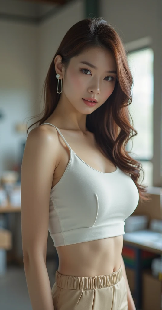 (Detailed skin:1.2),(Shiny skin:1.1),8k,highest quality, masterpiece, Ultra-high resolution,(Realistic:1.4), RAW Photos,(Soft Saturation:1.3),(Fair skin:1.2),One Japanese idol,repair,20 years, Brown Hair, Medium Hair, Asymmetrical Hair, Wavy Hair, Asymmetrical bangs
(Pretty face:1.4), (Ample breasts, Tight waist), Beautiful lighting, Small Head,
(mini skirt:1.2, Tube top:1.2, Korean Fashion:1.2), (belly button:1.2, Slim Abs), Highly detailed face, Highly detailed lips, fine grain, double eyelid, Smiling, Full Body Shot, Browsing Caution, Sharp focus: 1.2, Beautiful woman with perfect figure: 1.2、Random Pause,Sitting hugging your knees、With legs apart