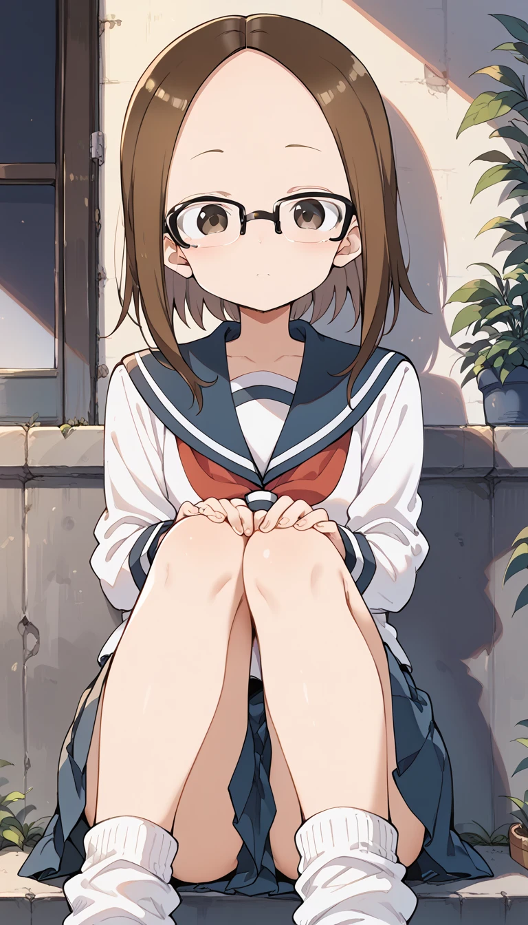 18-year-old、pretty girl , thin,squat、surprise、mischief、Saucy、 Provocative smile、Shyness、Steam rises around her, Shooting from below, One Girl, Brown Hair、Very short hair, Red frame glasses、White blouse, Navy Blue Skirt, Navy blue socks, Brown Loafers, White panties, Everyday Style, Highest quality, 4K, 8K, High resolution, masterpiece:1.2, Very detailed, Realistic, photoRealistic, photo-Realistic:1.37, High resolution, 超High resolution, Studio Lighting, Ultra-fine painting, Sharp focus, Physically Based Rendering, Very detailed説明, Professional, Vibrant colors, Bokeh
