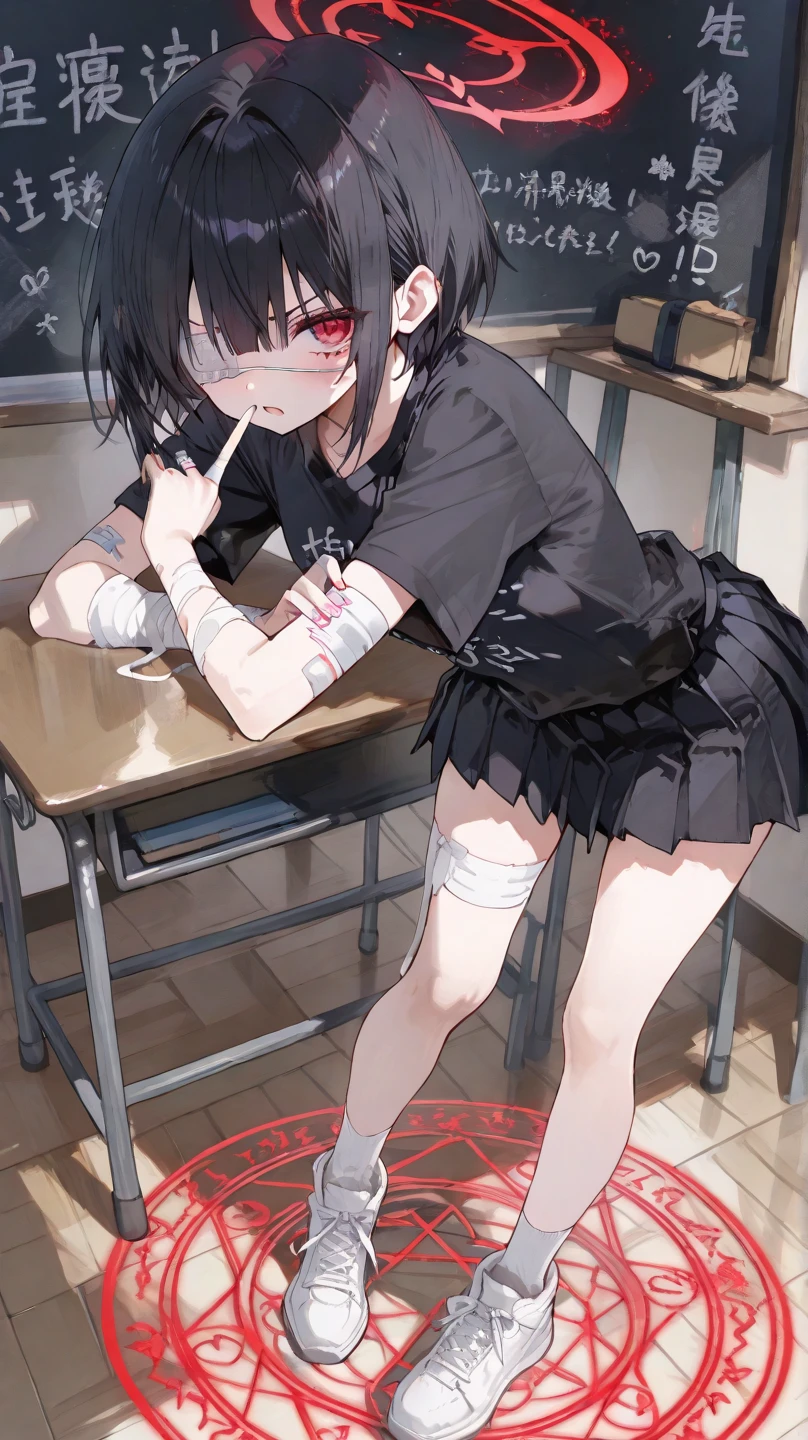 full body, black hair, shoulder length hair, black eyes, small breasts, detailed background, highres, highly detailed face, Detailed eyes, good proportions, pained expression, pained grimace, crying, visible tears, open mouth, bruises, death row inmate, guillotine, bloodstains, blood, iron chains, chained body, handcuffs, messy hair, fallen down, torn outfit, public shaming, humiliation