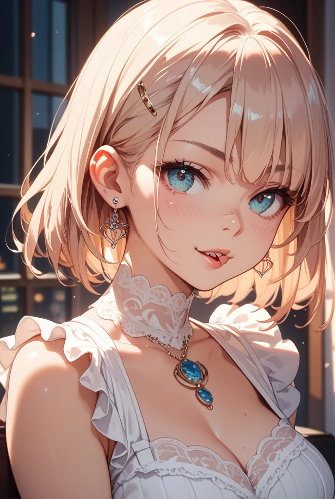((((work of art, best qualityer, high resolution)))), extremely detailed 8K, Beautiful girl with slender body, (ultra HD, ultra detali, highy detailed, highly realistic, Ultra-realistic, photography realistic), (1 girl:1.5), (Realistic blonde hair with dark roots), short and wavy hair, Bob Cut, (dynamic poses), facing the camera, drlight smile, (breasts big: 1.2), (beautifull detailed face, beautiful detailed eyes), (white top, fine material), see through the top, neckleace, dark denim shorts, sheen, sweat, (ray of sunlight, lighting sun), detailed makeup