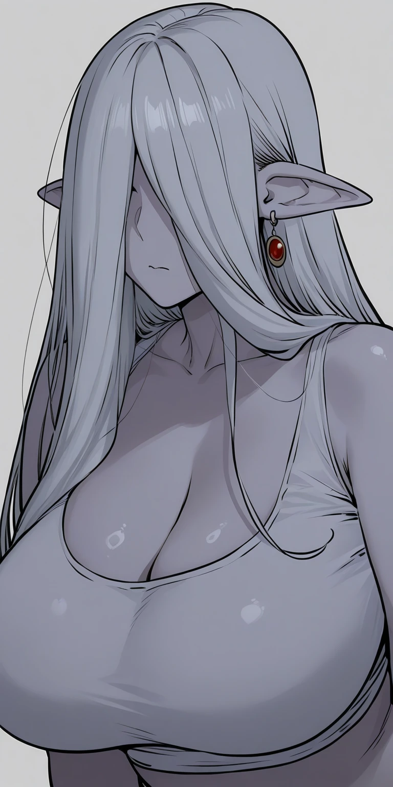 beautiful girl, red lips, red eyes, long flowing light gray hair, naked girl, naked breasts, large breasts, large naked breasts, naked, sexy, beautiful look, nice