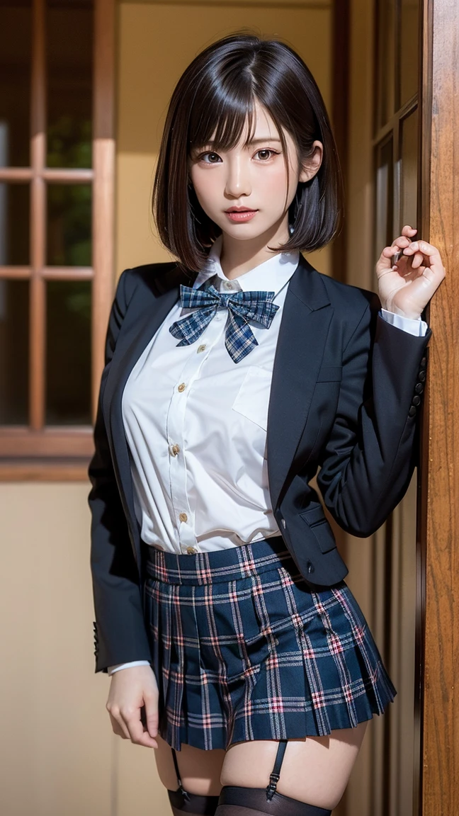 (highest quality,4K,8K,High resolution,masterpiece:1.2),Super detailed,(genuine,genuineistic,genuineistic:1.37)、Japanese female one person、Transcendently beautiful、((24-years-old))、(((smile)))、((She has her legs spread and the hem of her skirt moves:1.44))、(Show me her white panties:1.2)、((It's blonde hair))((Black hair around the hairline:1.2))、((One bun hair:1.2))、((navy blue cloth vest:1.25))、((Short pleated skirt in dark blue:1.4))、((White long sleeve cutter shirt:1.25))、((Warm colored tartan check ribbon bow tie:1.2))、((Close-up of the crotch from below:1.45))、looking at the camera、 (A hallway with slot machines on both sides in the background:1.2)、