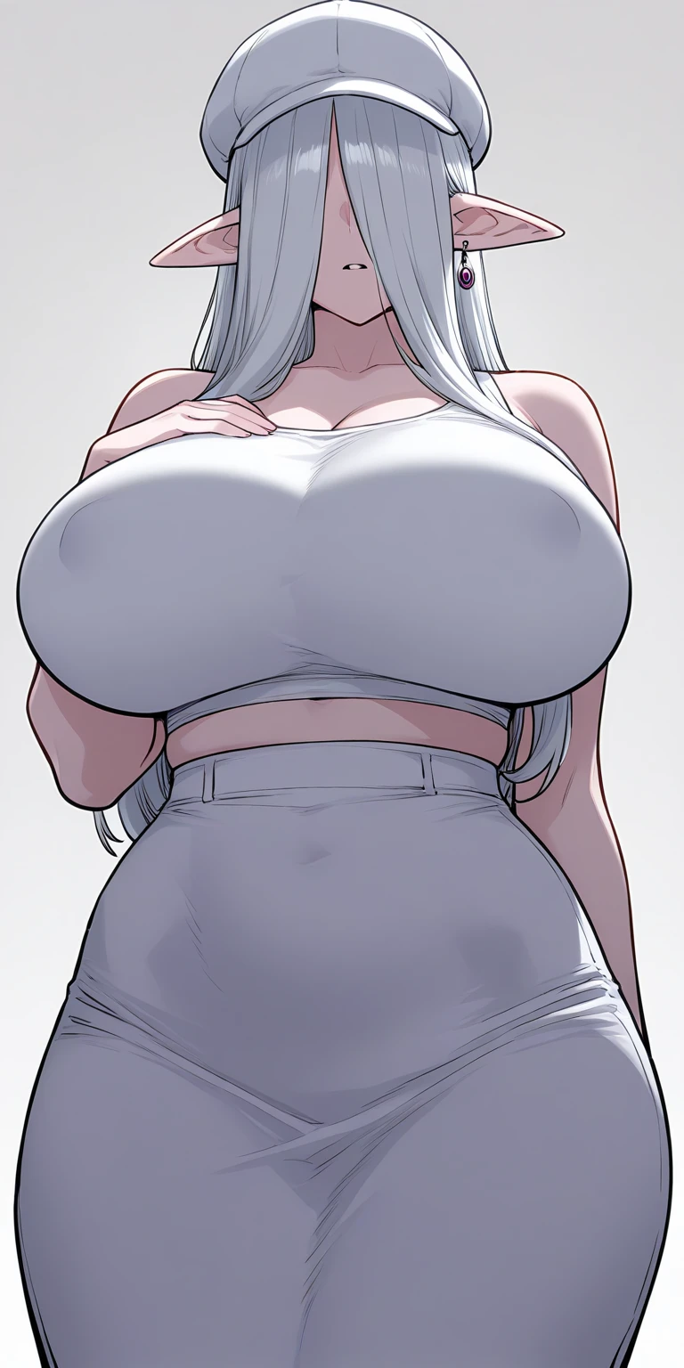 SFW, ((black grey skin Drow)), (gigantic breasts), firm breasts , tall girl, slim waist, curvy figure, arms behind back, (((white_hair, single_bun, long_hair))), ((green_eyes)), ((shirt, jeans))