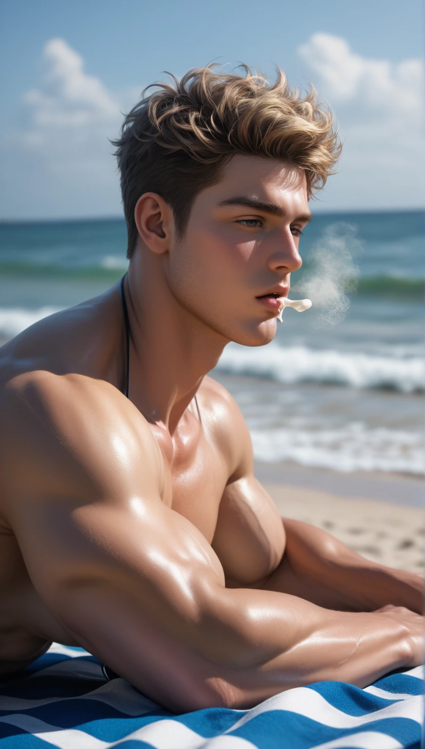 HD quality, high definition, fisherman male 18 years old handsome, muscular and slim, red lips, leaning against his boat, naked, ((exposed vagina)), model with bracelets, earrings and Necklace, wearing sunglasses, open vest, fully nude and naked body, eyebrowse angry, side view, in the middle of sea, open legs, with rope, white skin, wet skin, nude, side view