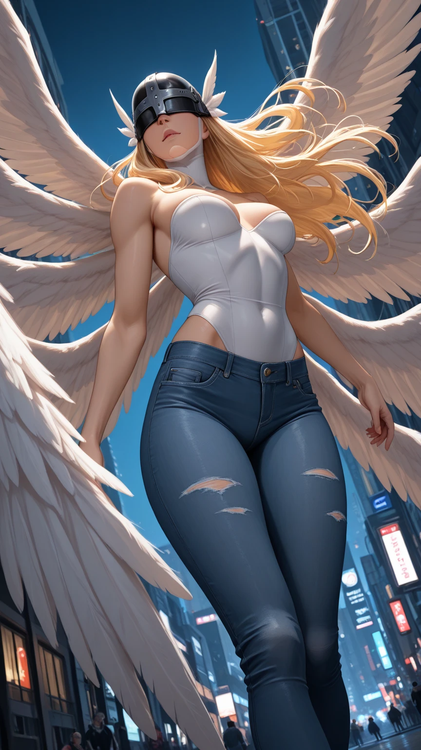 Create an image of a 20-year-old teenage woman,He has an angelic face with red eyes, White skin. its height is 1,70 meters and has a detailed physique with large, firm breasts. His short hair, pixie style, He is blonde and straight, just above your shoulders, Wear a white tank top, neckline, blue pants, visible navel, thing legs, thin legs, long legs, walking. The pose is straight and firm, looking towards the camera with a smile eyes expression happy. happy face expression