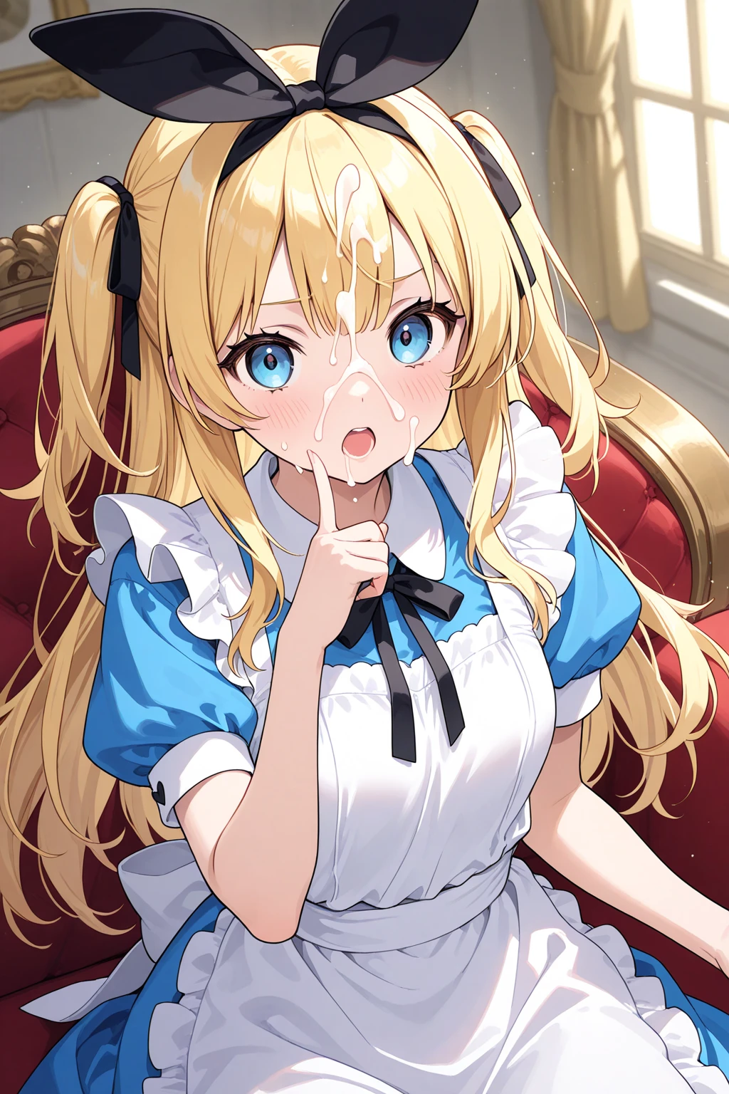 nsfw,1 male,Sweat,White Breath,Pokémon,Lillie,(Cleavage voyeur),sit,room,(((Small breasts))),View from above,Titty fuck,((((Ejaculation on chest and face)))),Ahegao,Bukkake,Large areola,
