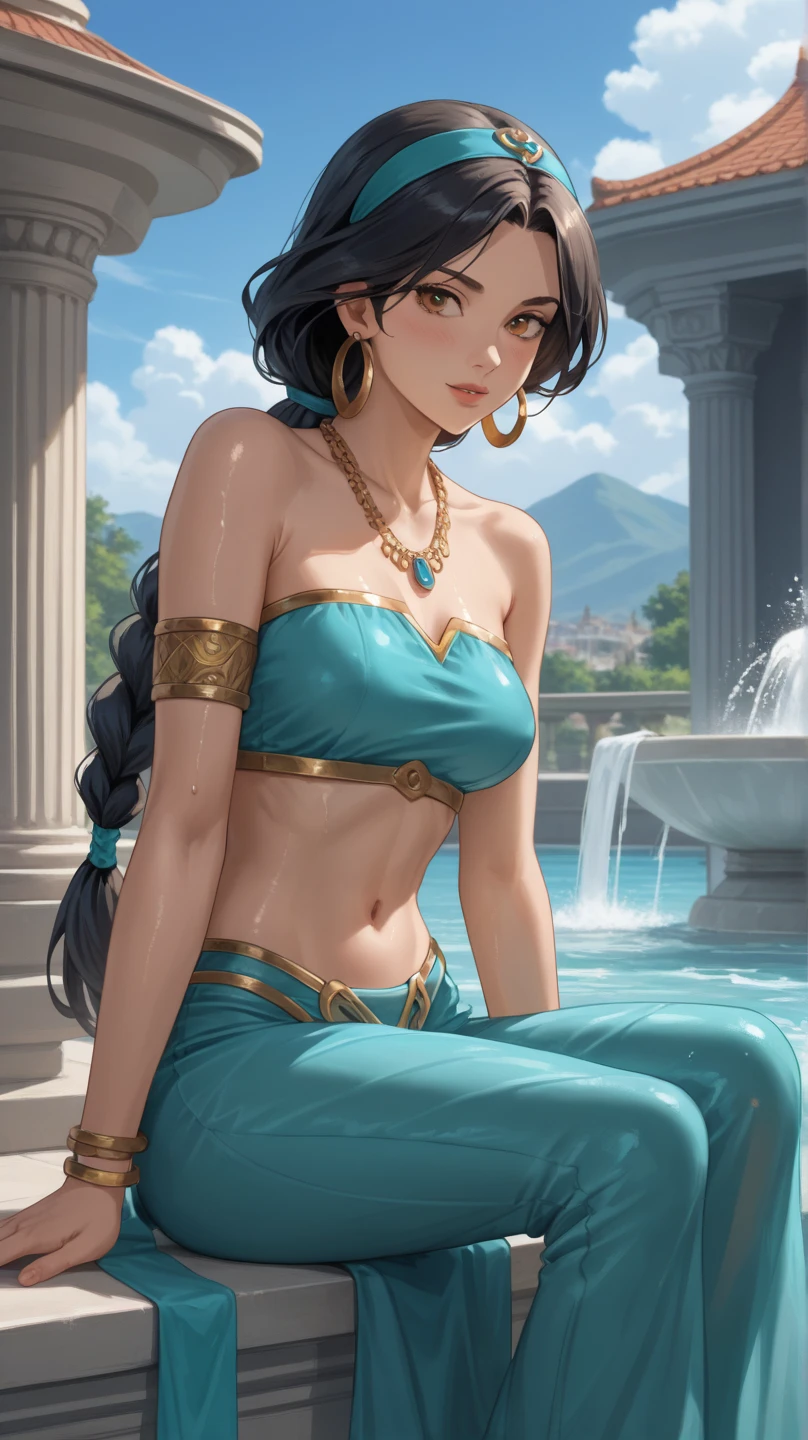 masterpiece, best quality, highres, 1Female, Dark Tan Skin, black hair, long wavy hair, green eyes, faint blush, breasts, seductive smirk expression, revealing pirate siren inspired outfit, hair wet styled up with flowers, body decorated with jewelery, kneeling in water, tying hair up, large plants and water, ancient cathedral setting, moody warm ethereal lighting.
