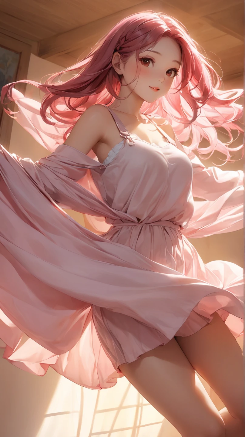 female with reddish pink hair to waist length, green eyes, yellow shirt, yellow hair clip, red knee length skirt